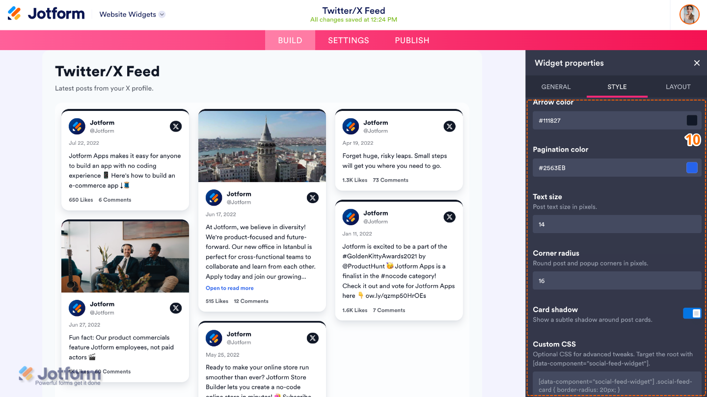 Customizing the Twitter/X Feed widget by configuring navigation colors, text size, corner radius, card shadow, and custom CSS