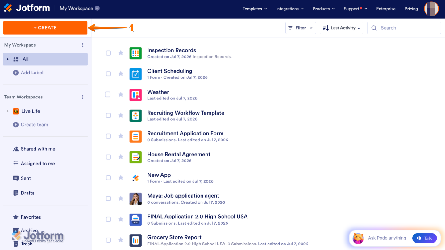 Workspace page highlighting the Create button in the top-left corner to start a new project