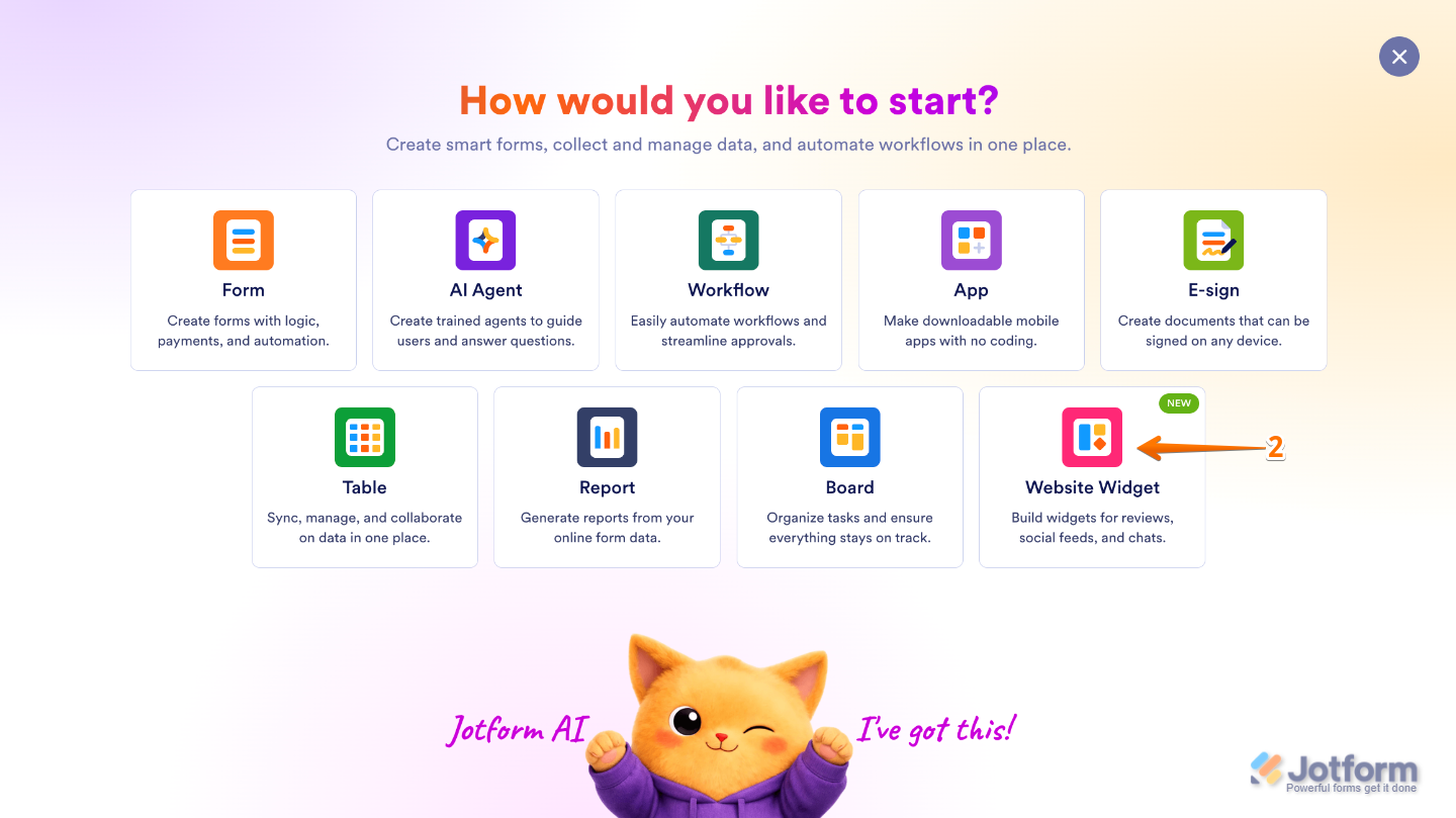 Create menu displaying the Website Widget option