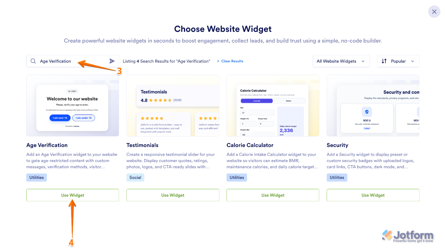 Searching for the Age Verification widget in the Choose Website Widget menu and selecting Use Widget