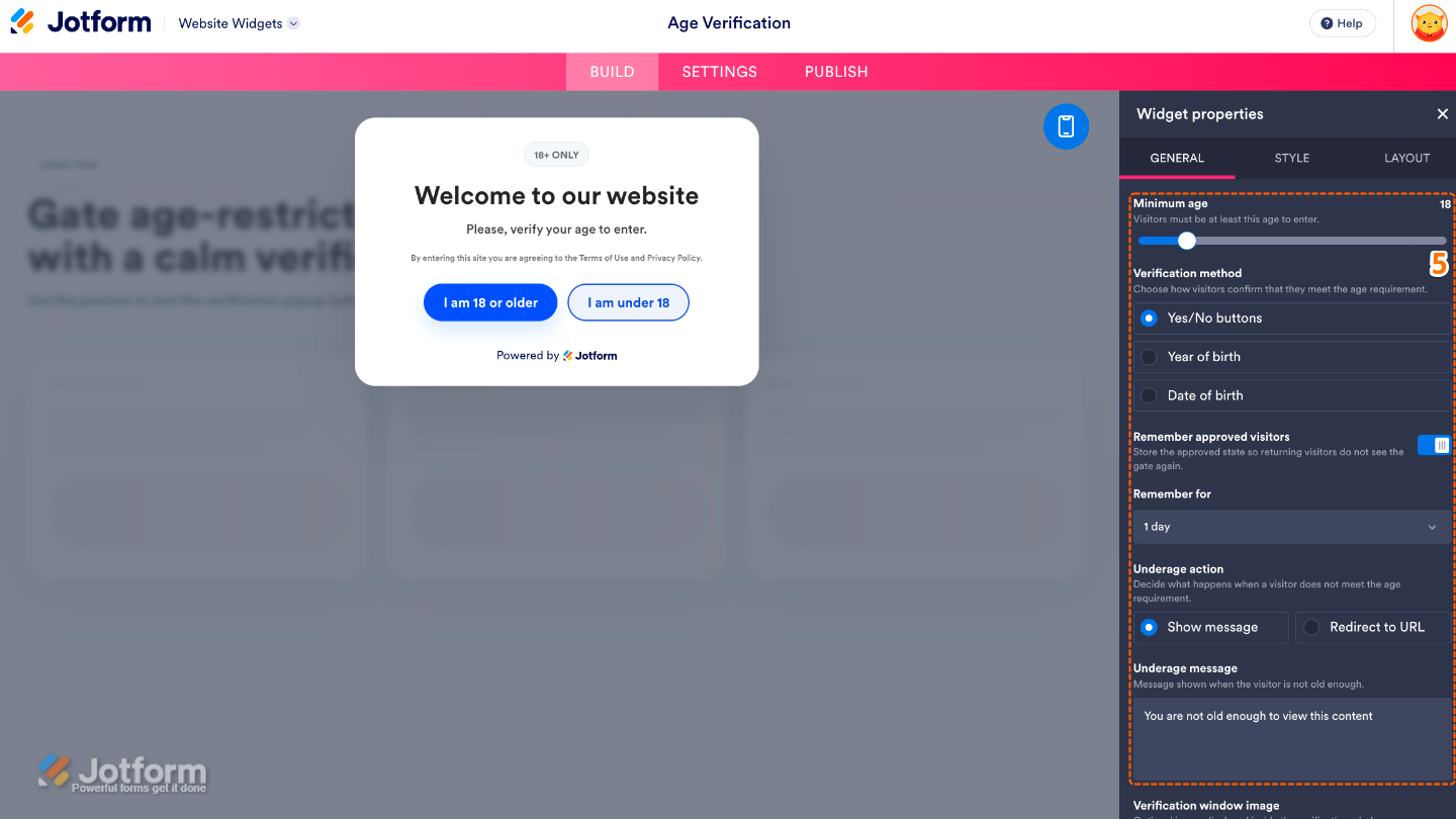 Configuring the Age Verification widget by setting the minimum age, verification method, visitor verification duration, underage action, and message
