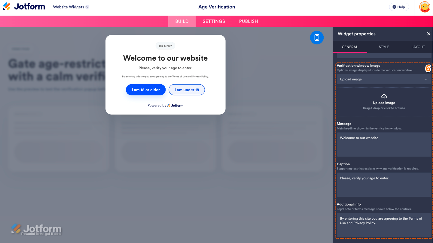 Customizing the Age Verification popup by adding an image, main message, caption, and additional visitor information