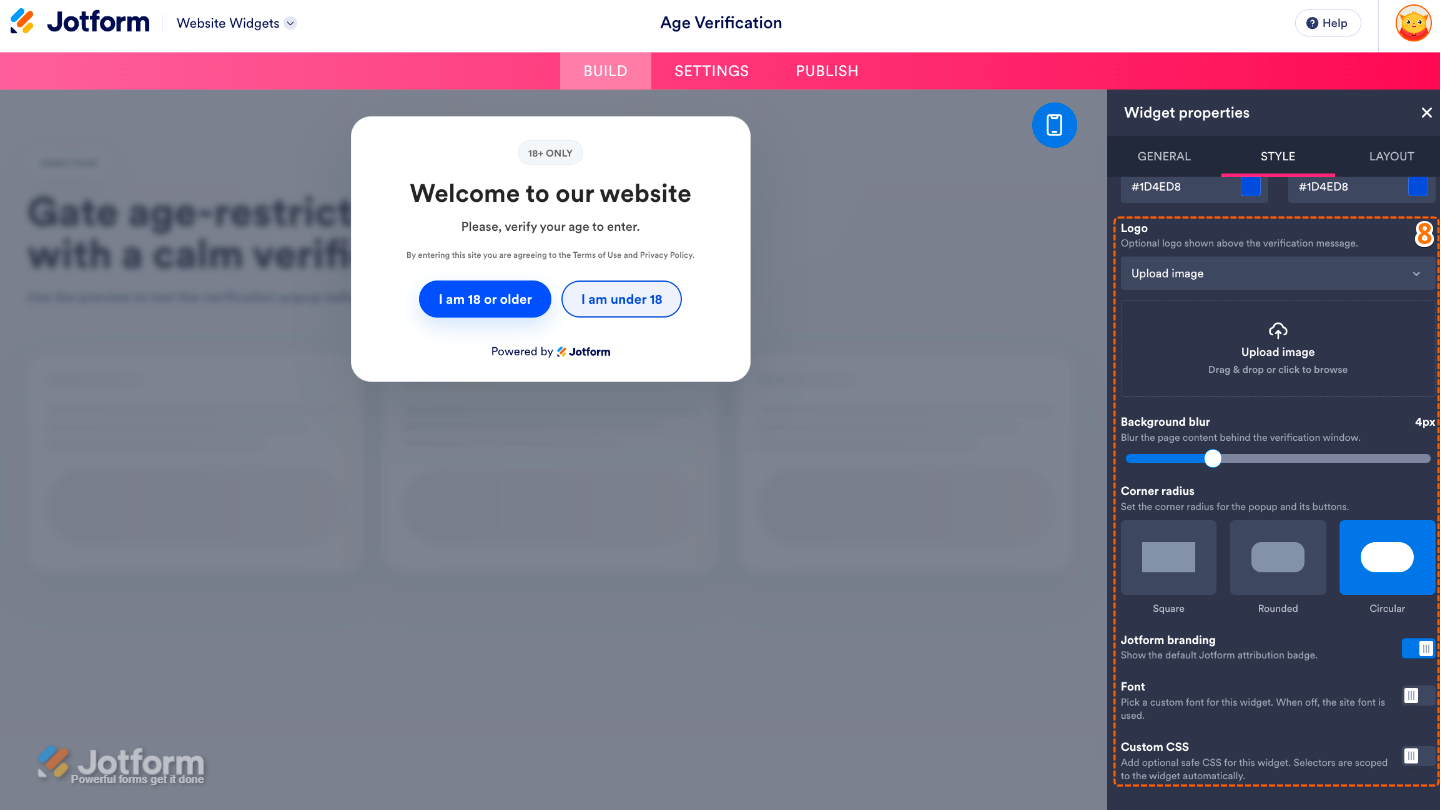 Customizing the Age Verification popup with a logo, background blur, corner radius, branding, font, and custom CSS