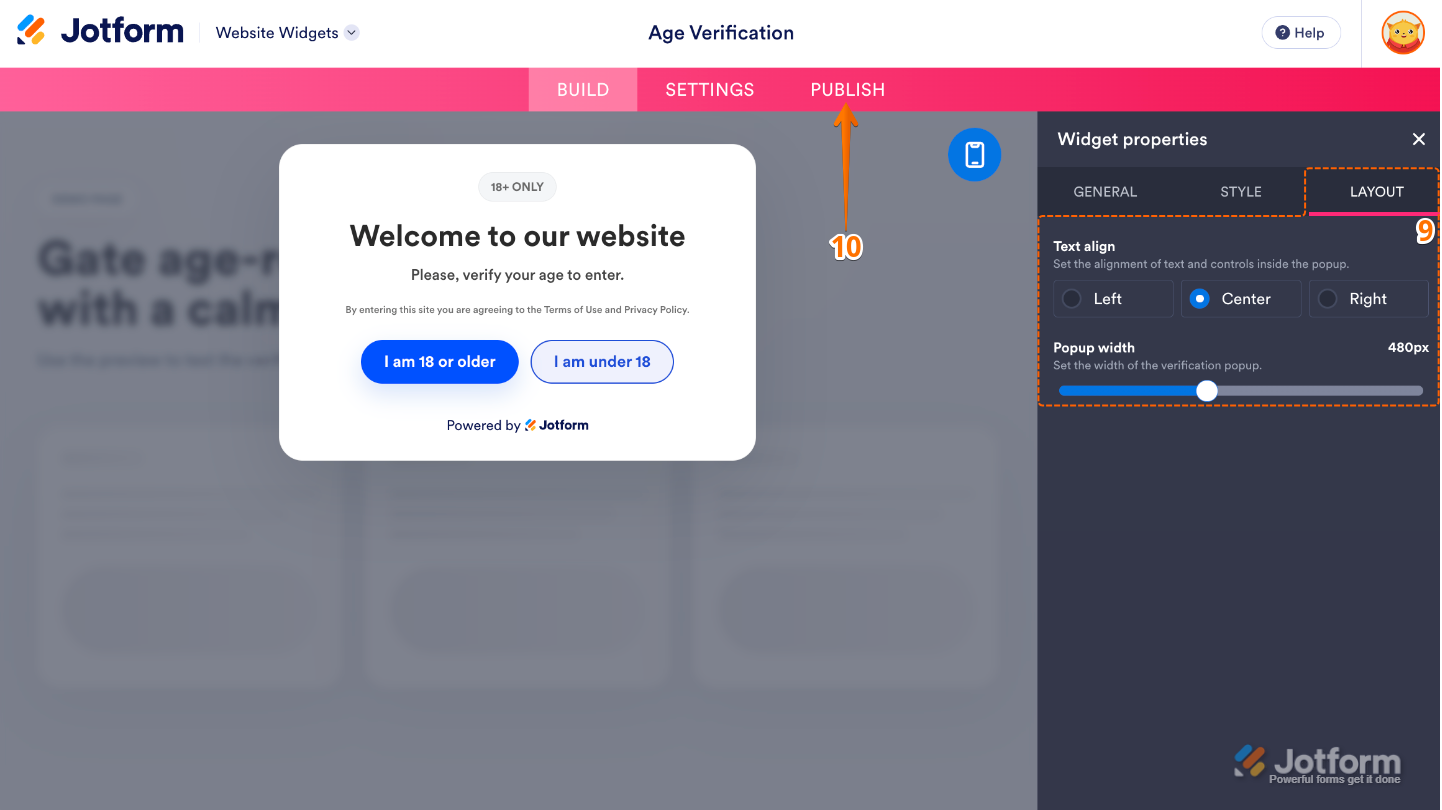 Configuring the Age Verification popup layout by adjusting text alignment and popup width, then clicking Publish to save the widget