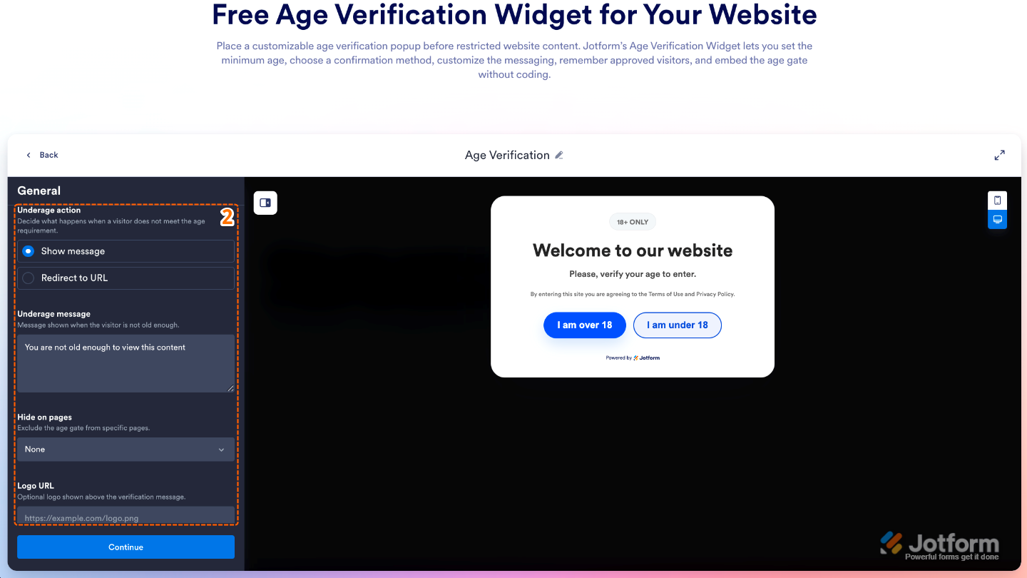 Age Verification widget settings displaying Underage Action, Underage Message, Hide on Pages, and Logo URL options