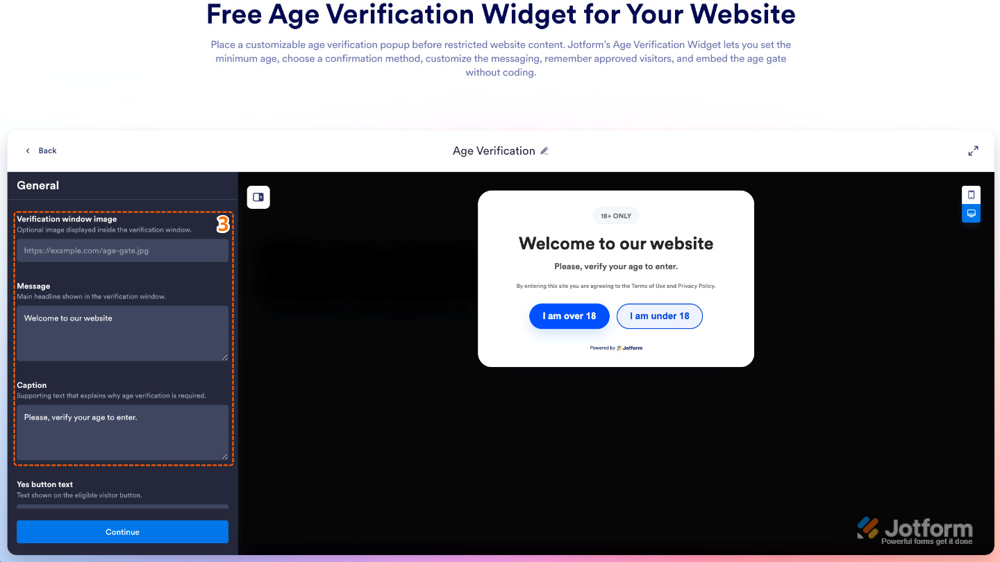 Age Verification widget settings showing Verification Window Image, Message, and Caption customization options