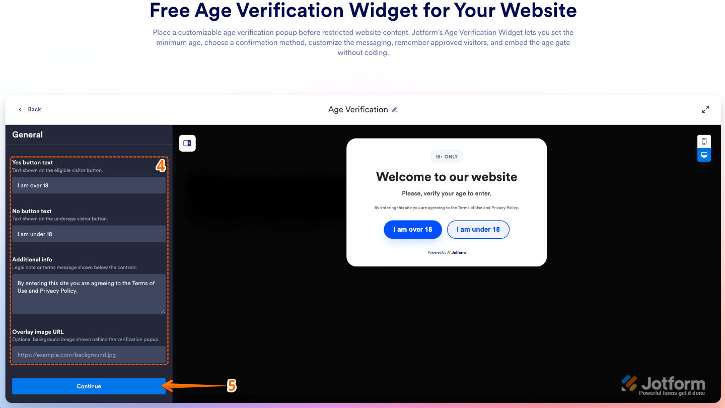 Age Verification widget settings displaying Yes Button Text, No Button Text, Additional Info, and Overlay Image URL options