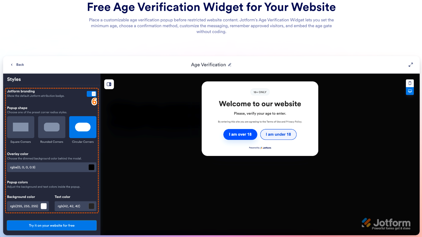 Age Verification widget Styles settings showing Jotform Branding, Popup Shape, Overlay Color, Background Color, and Text Color options