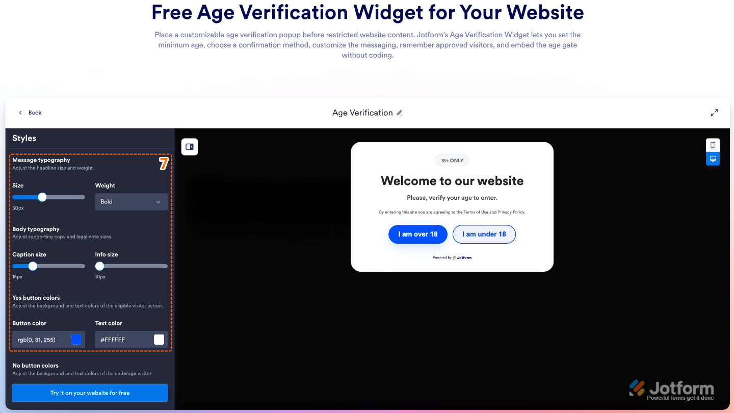 Age Verification widget Styles settings showing message typography, body typography, and Yes button color customization options