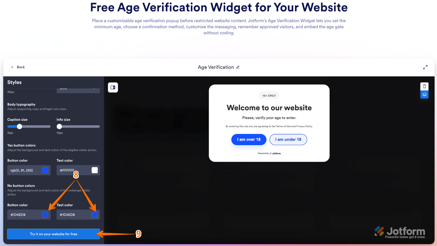 Age Verification widget Styles settings showing No Button Color and Text Color options with the Try it on Your Website for Free button