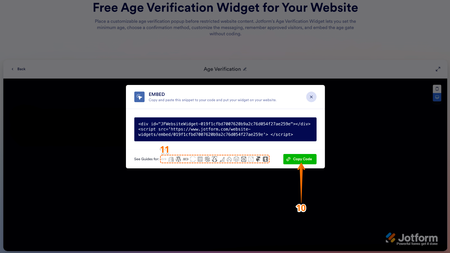 Age Verification widget Embed window showing the Copy Code button and supported website platform icons for embedding