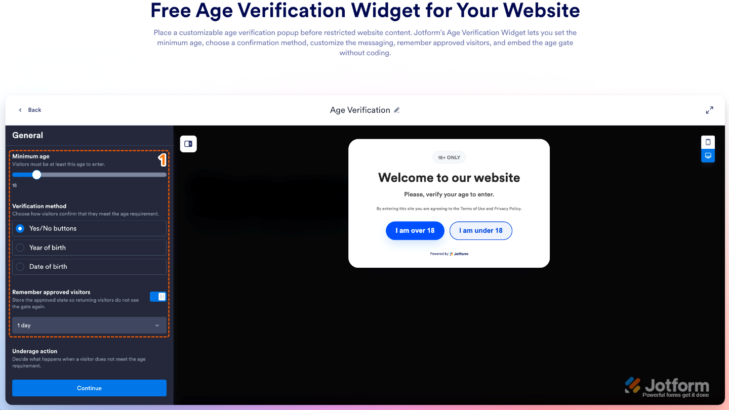 Age Verification widget Settings panel showing Minimum Age, Verification Method, and Remember Approved Visitors options