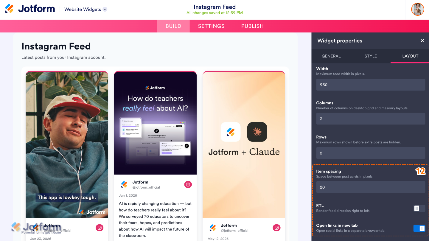 Customizing the Instagram widget layout by adjusting post spacing, enabling right-to-left support, and opening links in a new tab