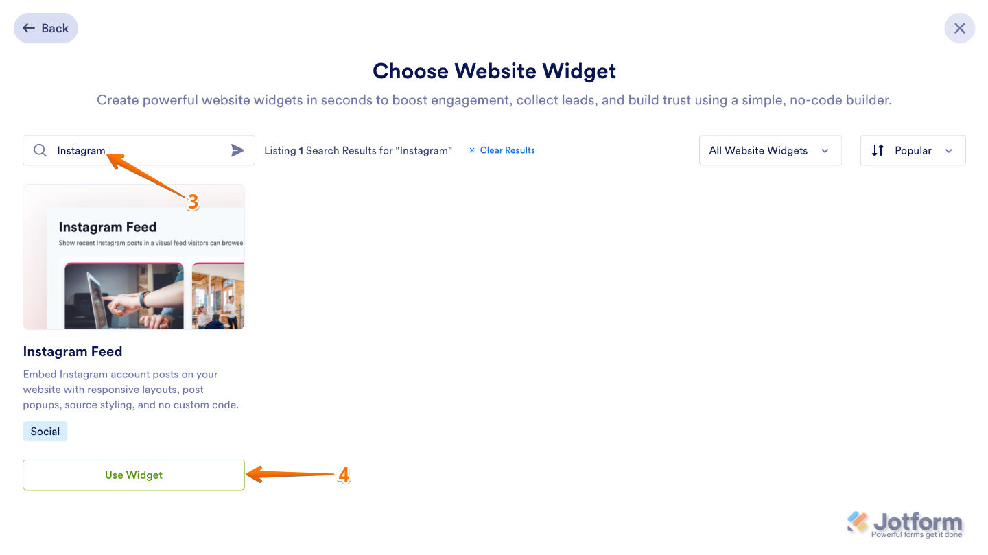 Searching for the Instagram widget on the Choose Website Widget page and selecting Use Widget