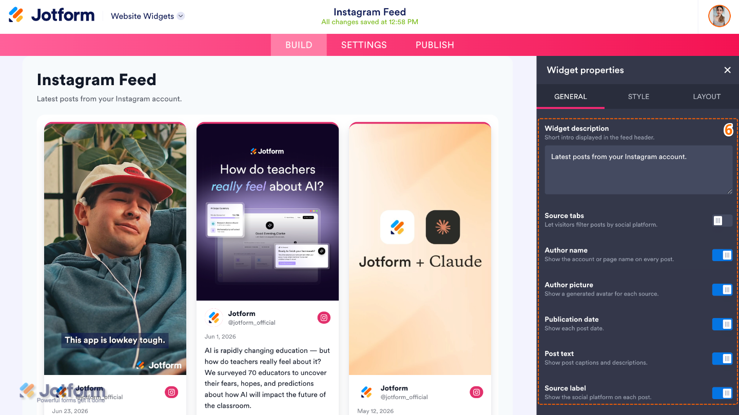 Instagram widget General settings showing Widget Description, Source Tabs, Author Name, Author Picture, Publication Date, Post Text, and Source Label options