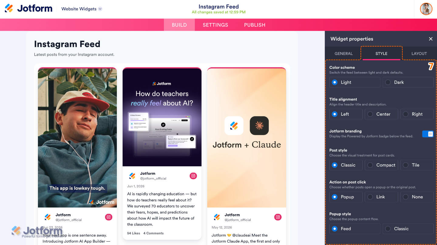 Instagram widget Styles settings showing Color Scheme, Title Alignment, Jotform Branding, Post Style, Post Click Action, and Popup Style options