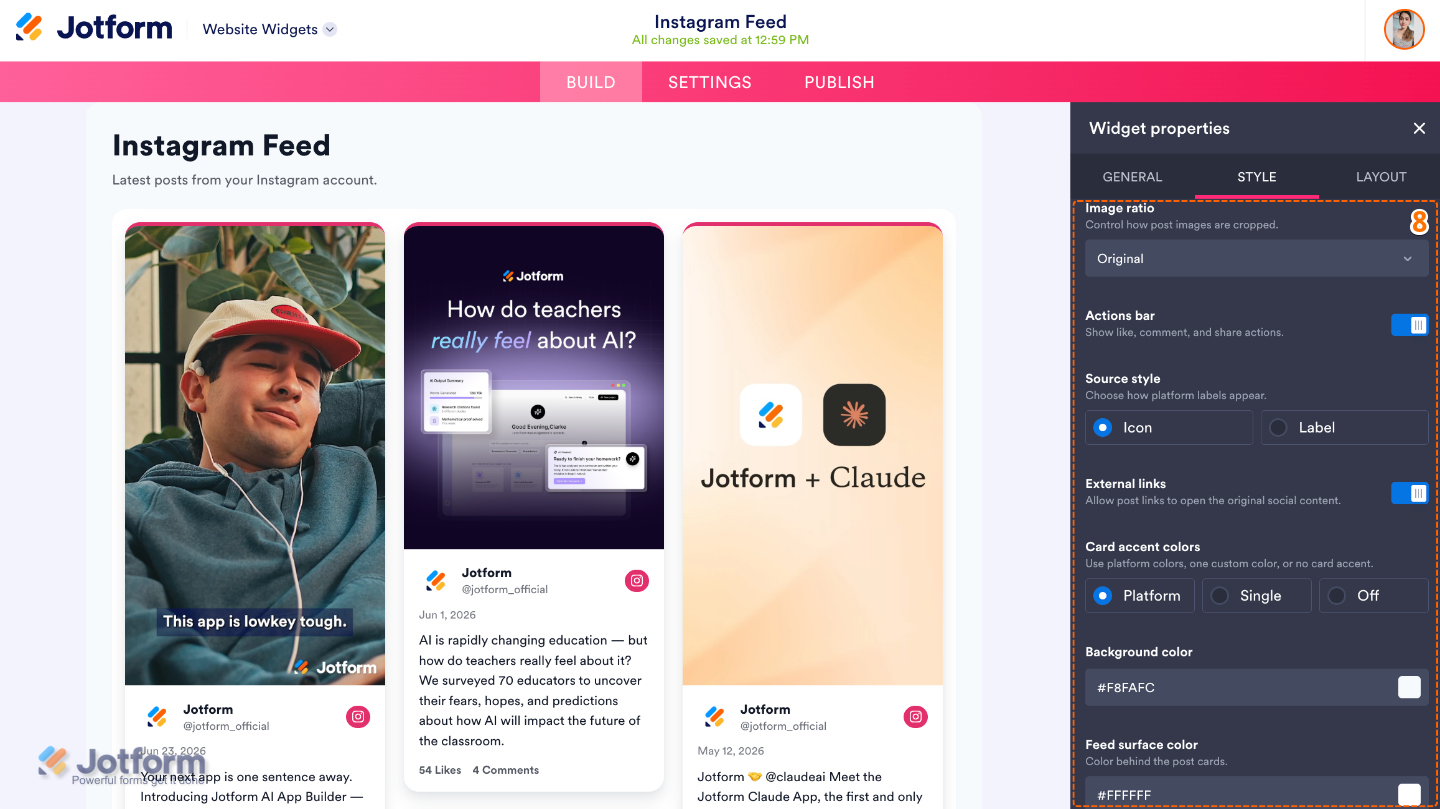 Instagram widget Styles settings showing Image Ratio, Actions Bar, Source Style, External Links, Card Accent Colors, Background Color, and Feed Surface Color options