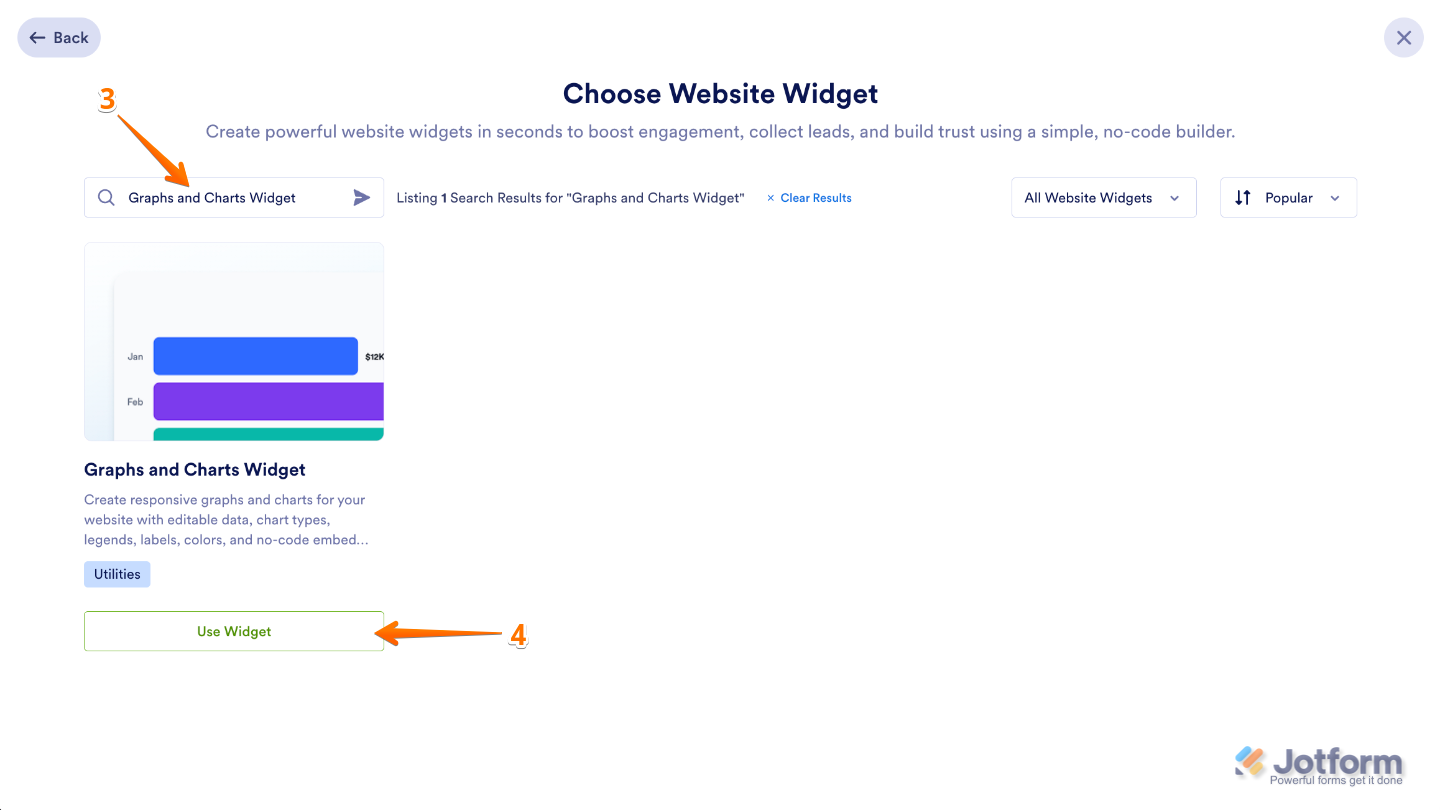 Searching for the Graphs and Charts widget on the Choose Website Widget page and selecting Use Widget