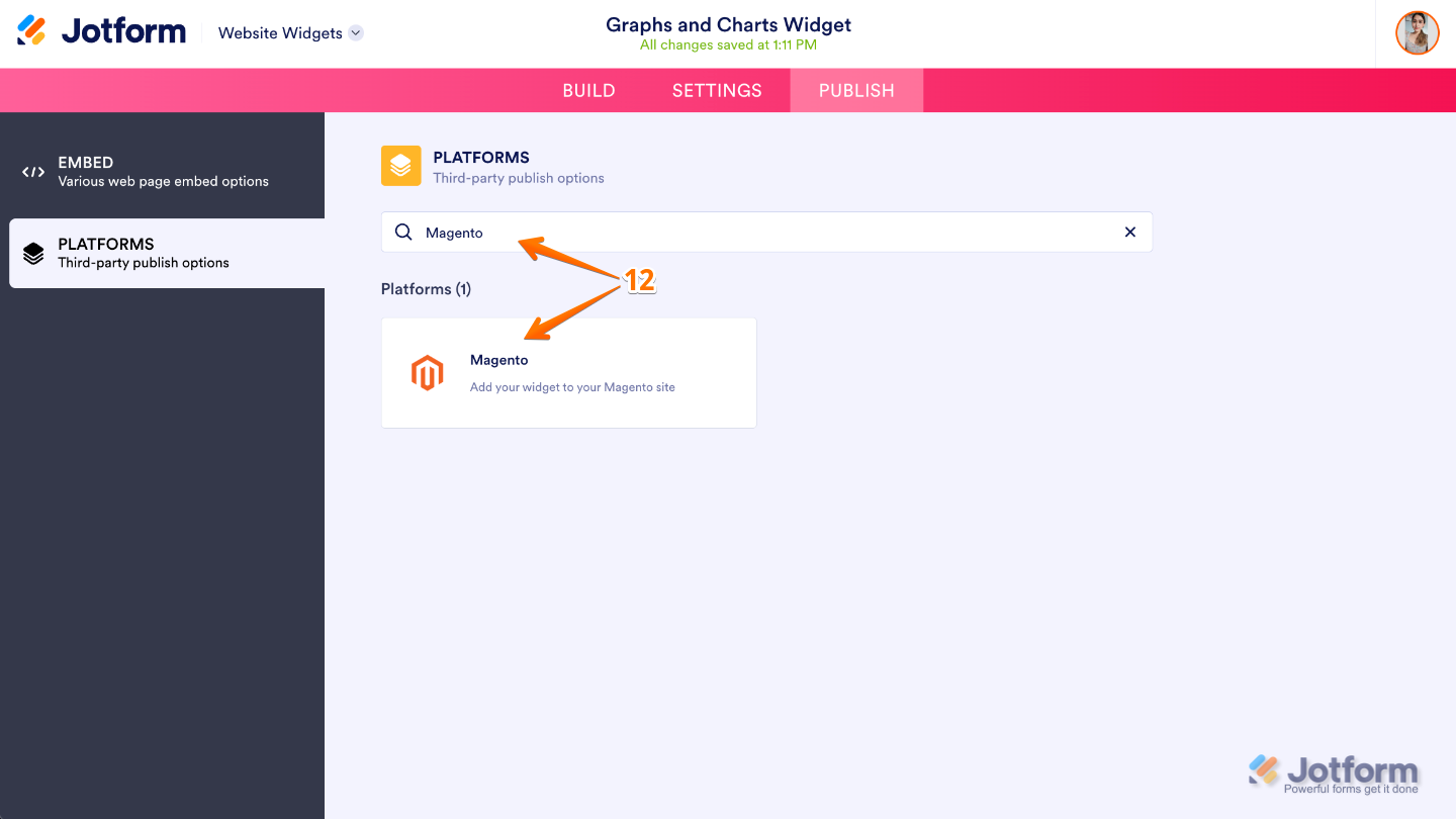 Website Widget Platforms page showing the Magento platform selected for platform-specific embedding instructions