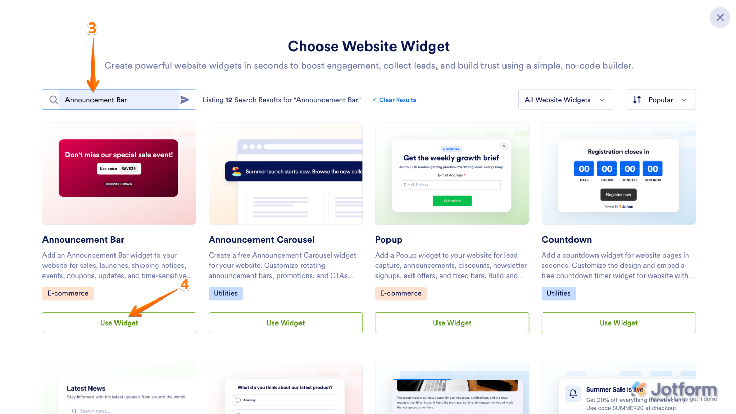 Searching for the Announcement Bar widget in the Choose Website Widget menu and selecting Use Widget