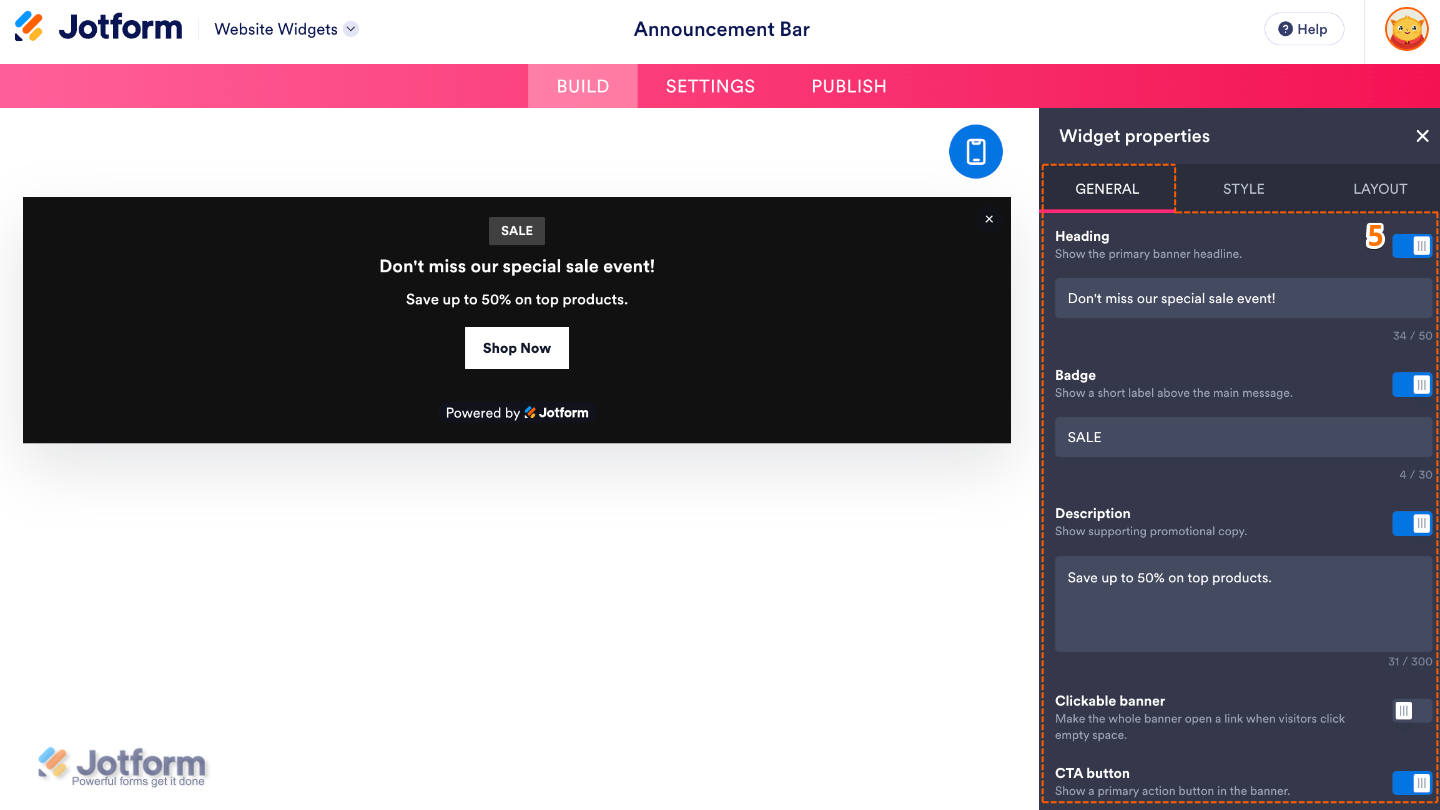 Configuring the Announcement Bar widget by adding a heading, badge, description, enabling a clickable banner, and displaying a call-to-action button