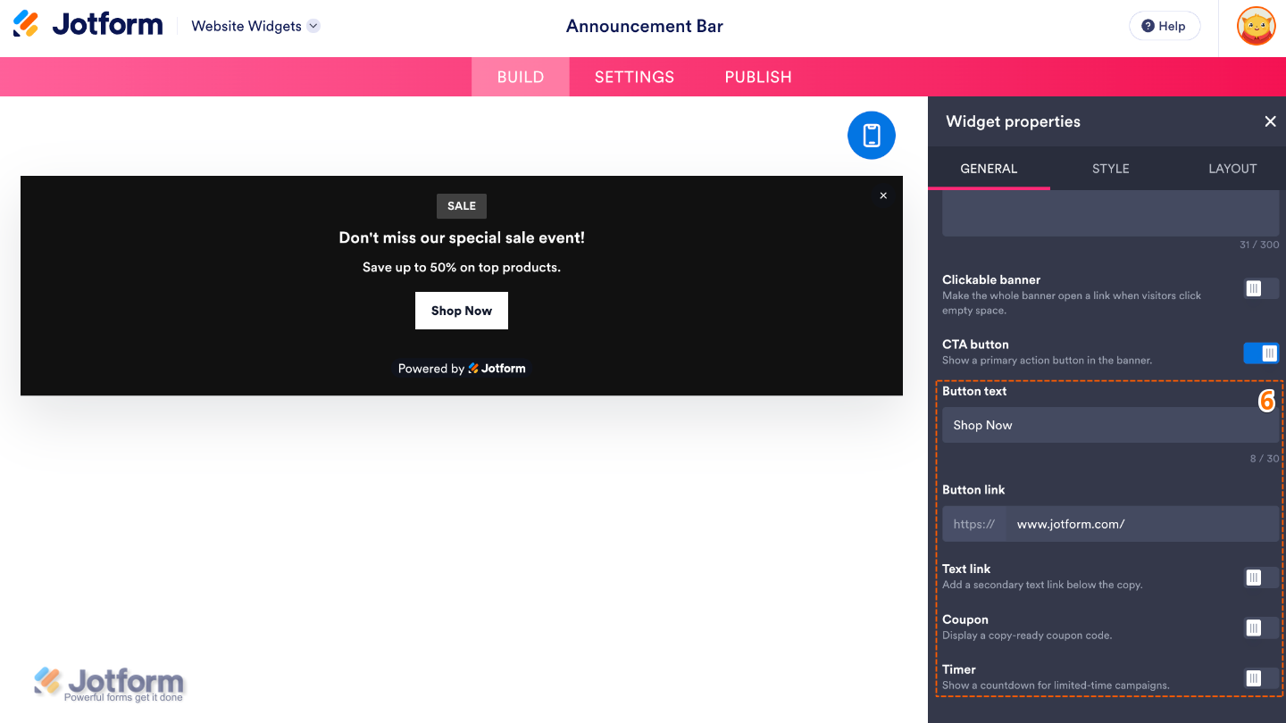 Configuring the Announcement Bar widget by customizing the call-to-action button, adding links, displaying a coupon code, and enabling a countdown timer