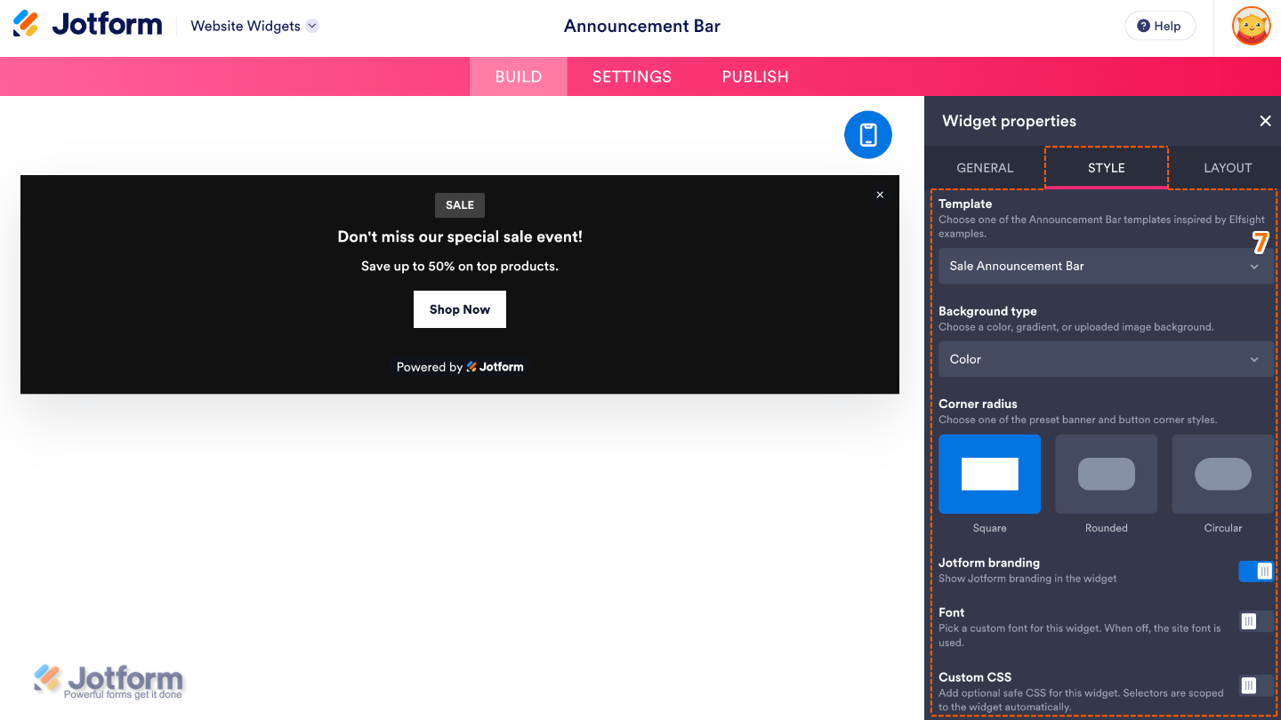 Customizing the Announcement Bar widget by selecting a template, background style, rounded corners, font, branding, and custom CSS