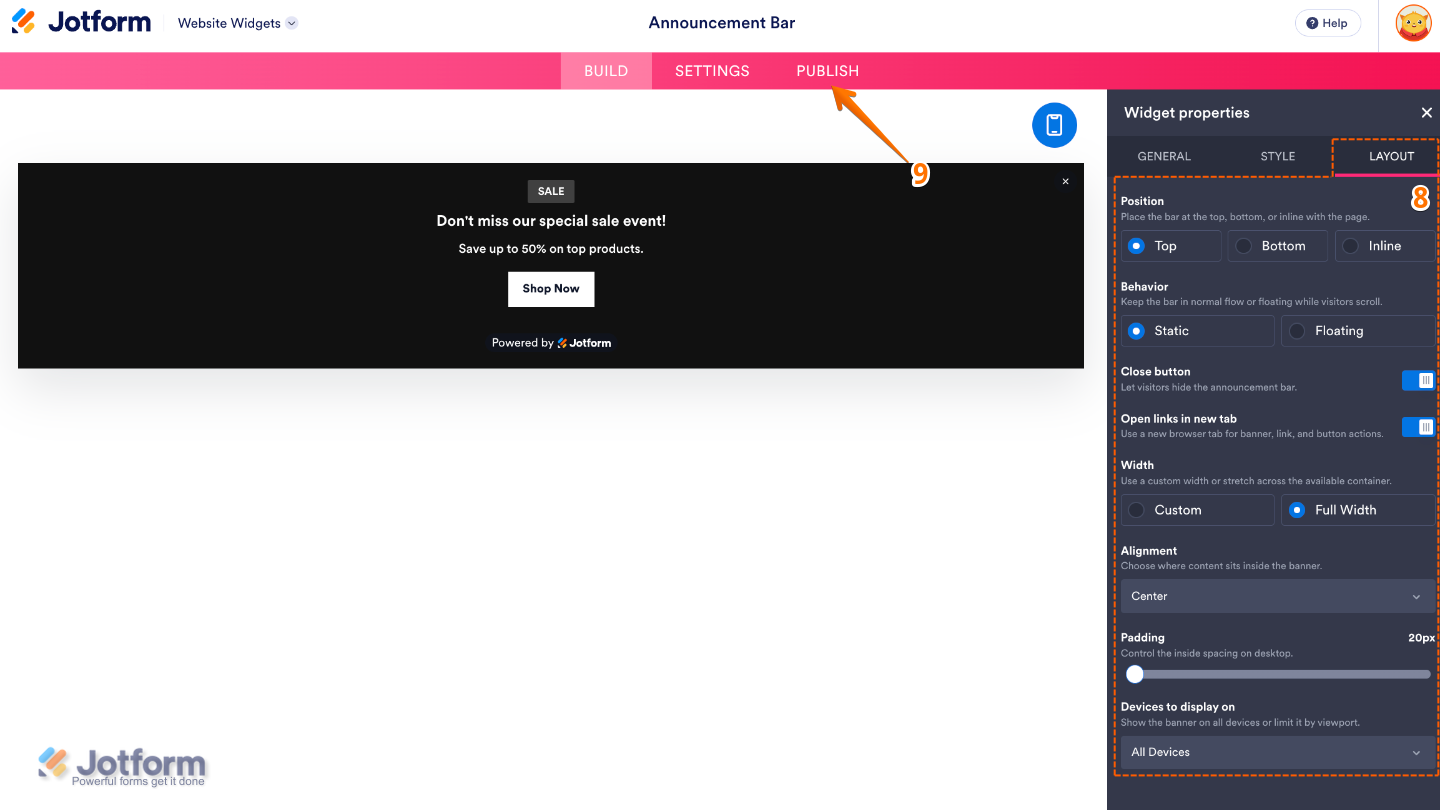 Configuring the Announcement Bar widget by adjusting its position, scrolling behavior, layout, device visibility, and clicking Publish to save the changes