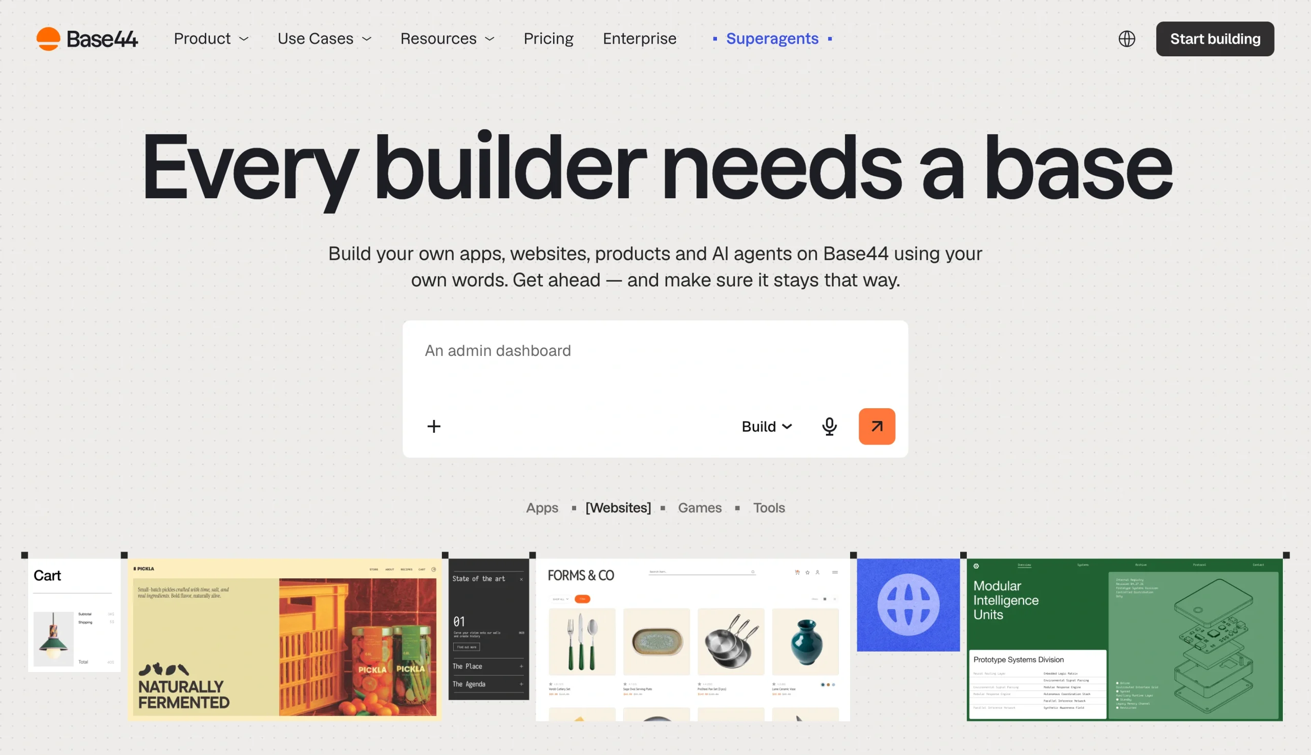Screenshot of the Base44 landing page, showing a headline "Every builder needs a base"