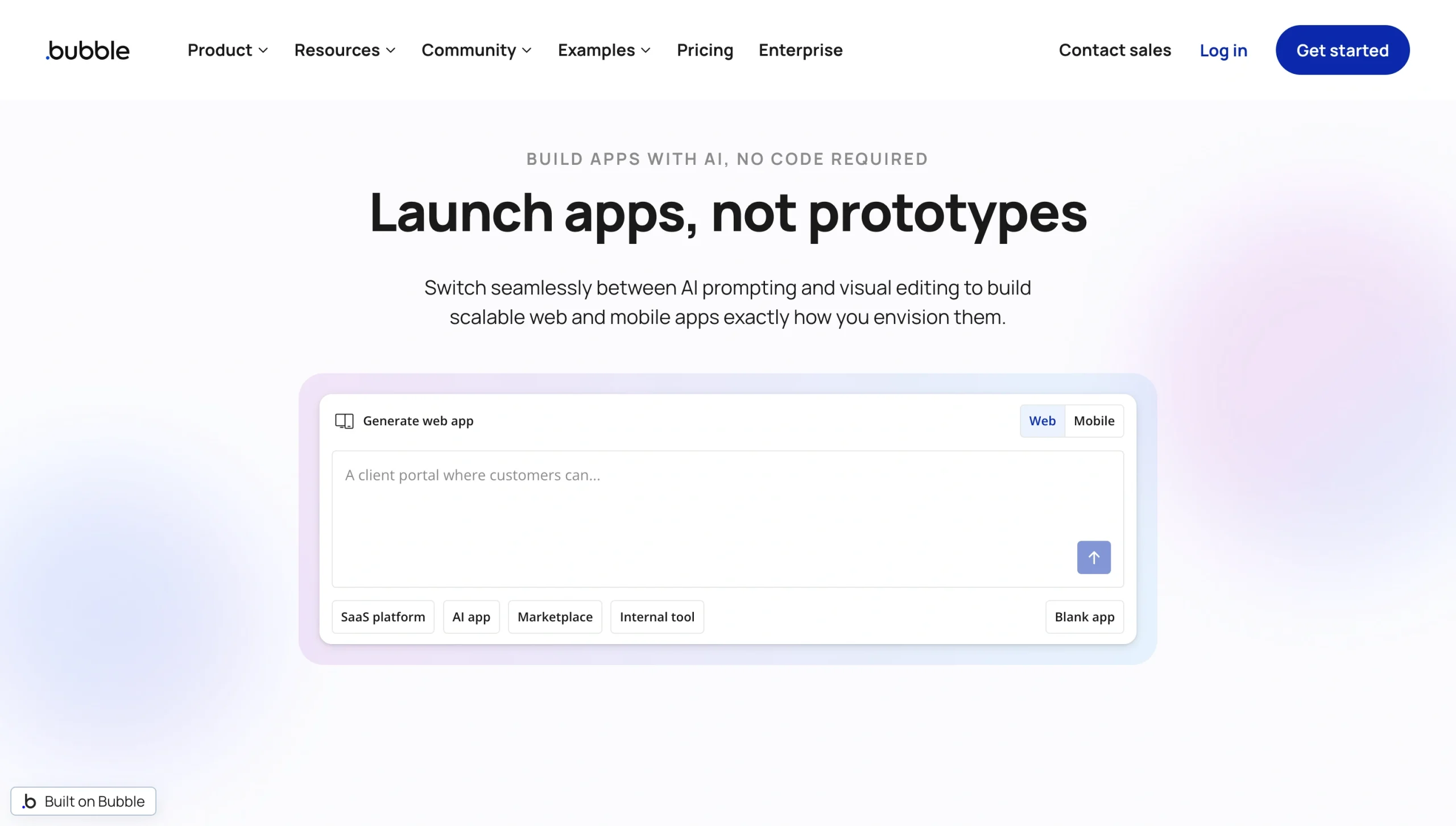 Screenshot of the Bubble landing page, showing a headline "Launch apps, not prototypes"