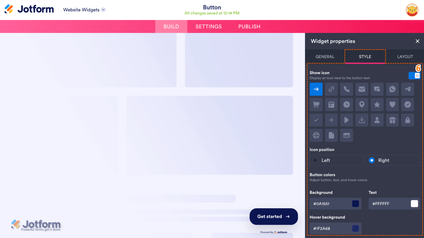 Customizing the Button widget by enabling an icon, selecting its position, and adjusting the button background, text, and hover colors
