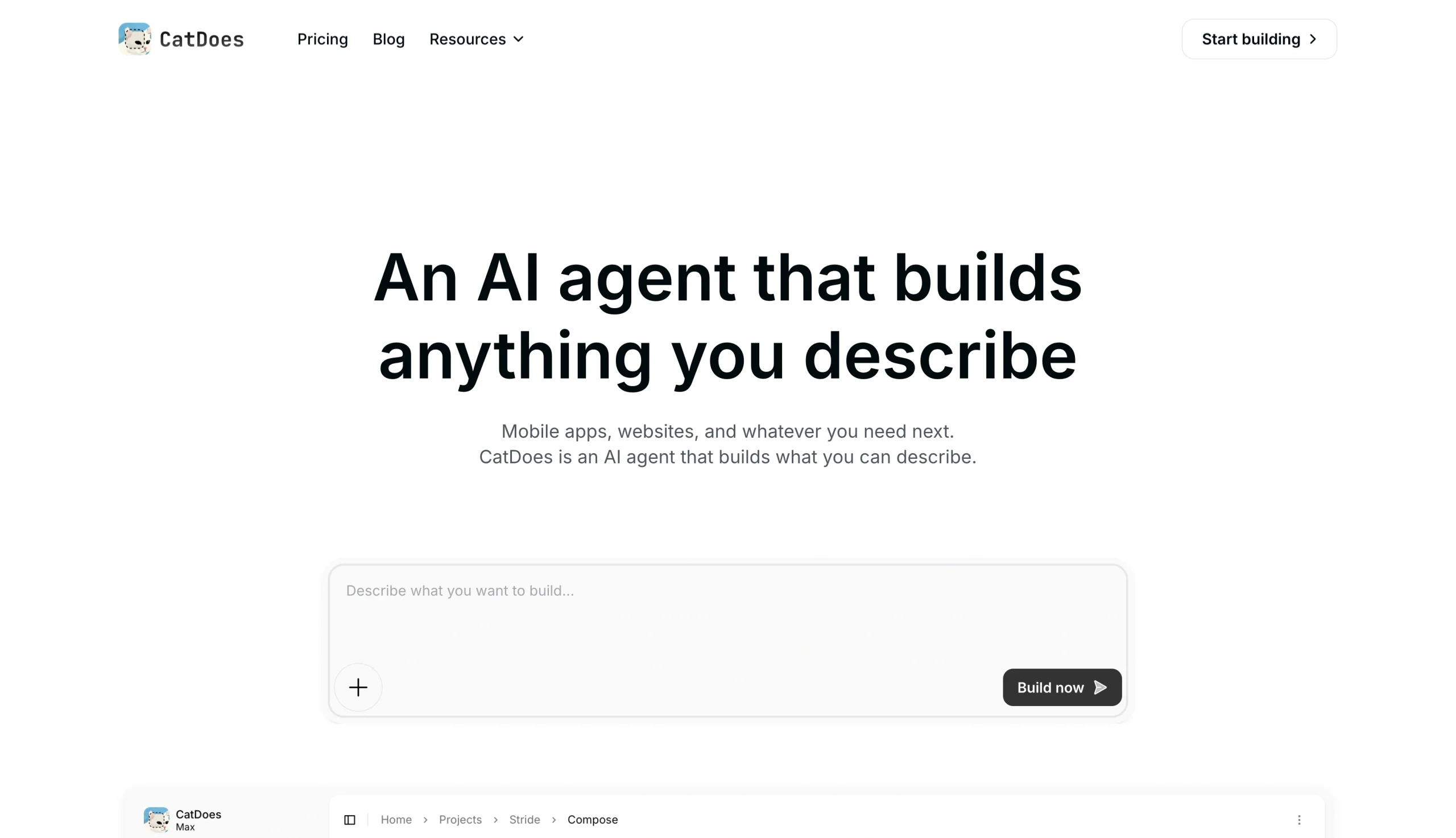 Screenshot of the CatDoes landing page, showing a headline "An AI agent that builds anything you describe"