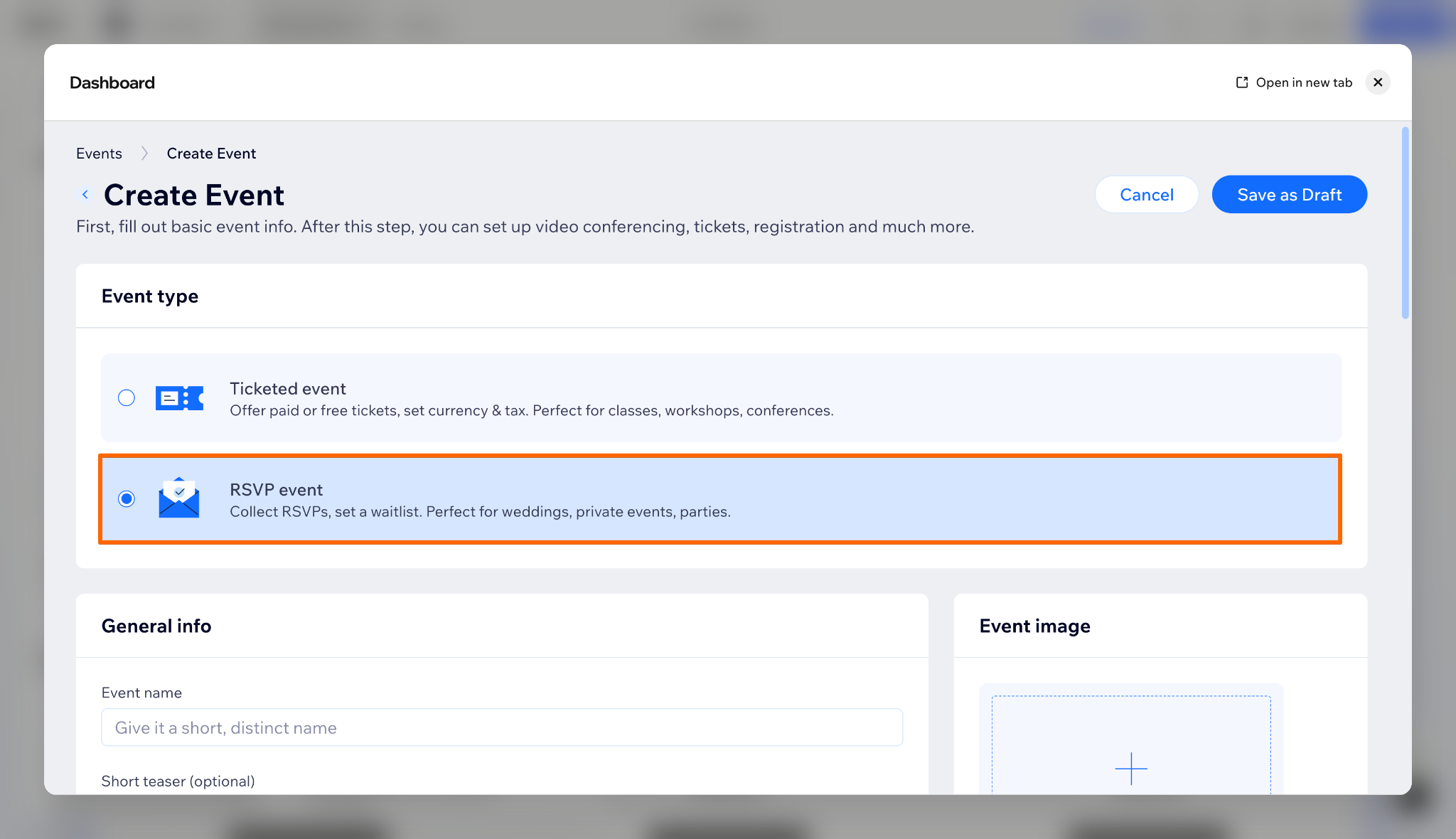 Wix Events creation dashboard with RSVP event selected as the event type