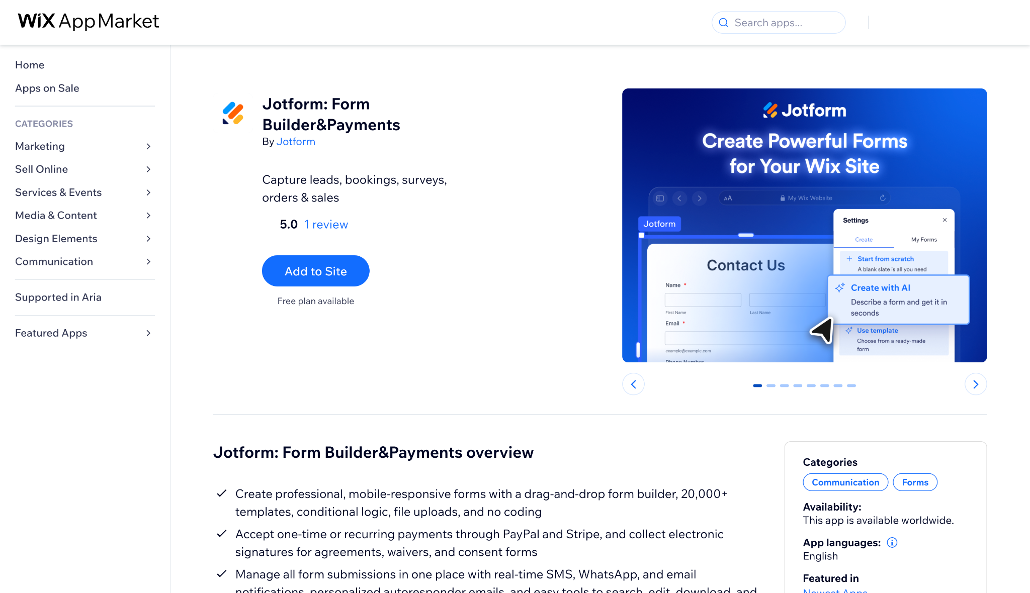 Wix App Market listing for Jotform Form Builder and Payments with Add to Site