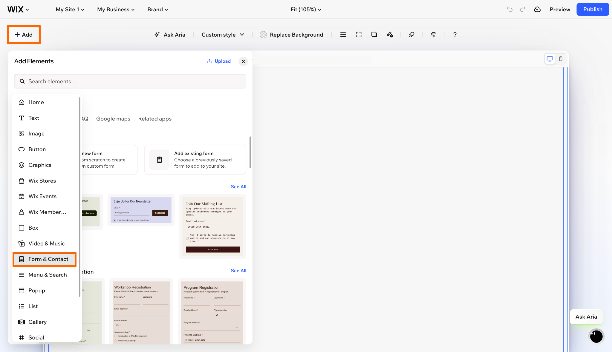 Wix Harmony Editor Add Elements panel highlighting the Form and Contact category