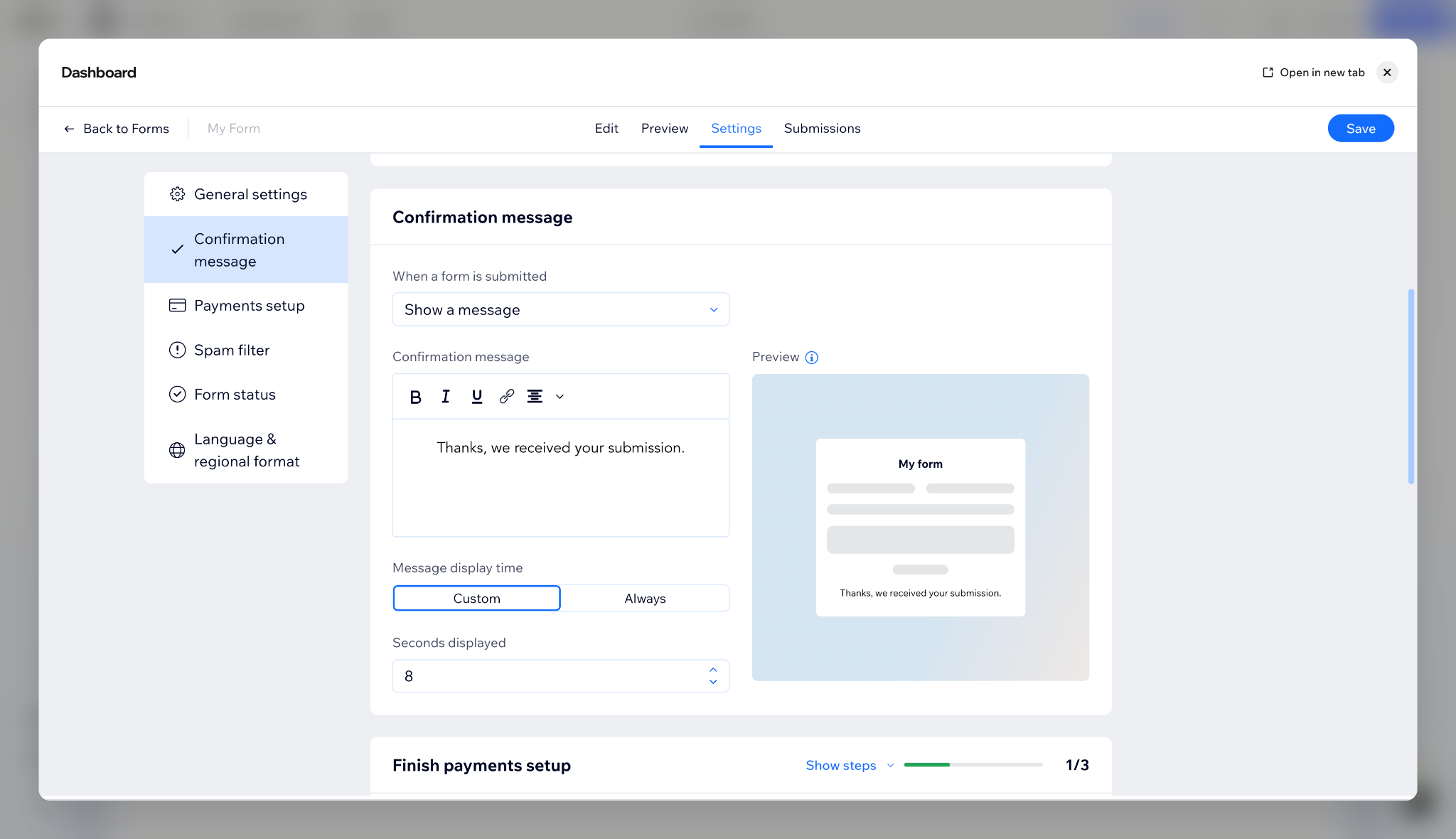 Wix Forms settings showing confirmation message editor and form submission preview