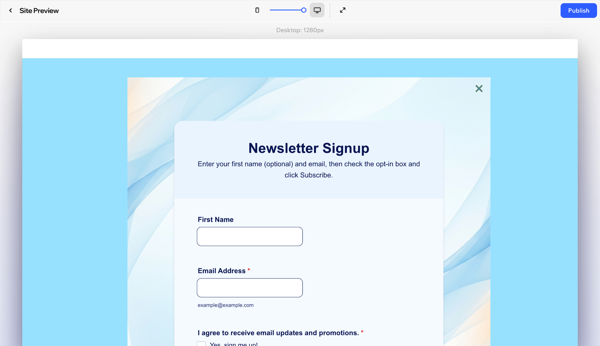 Wix site preview displaying a newsletter signup form inside a popup