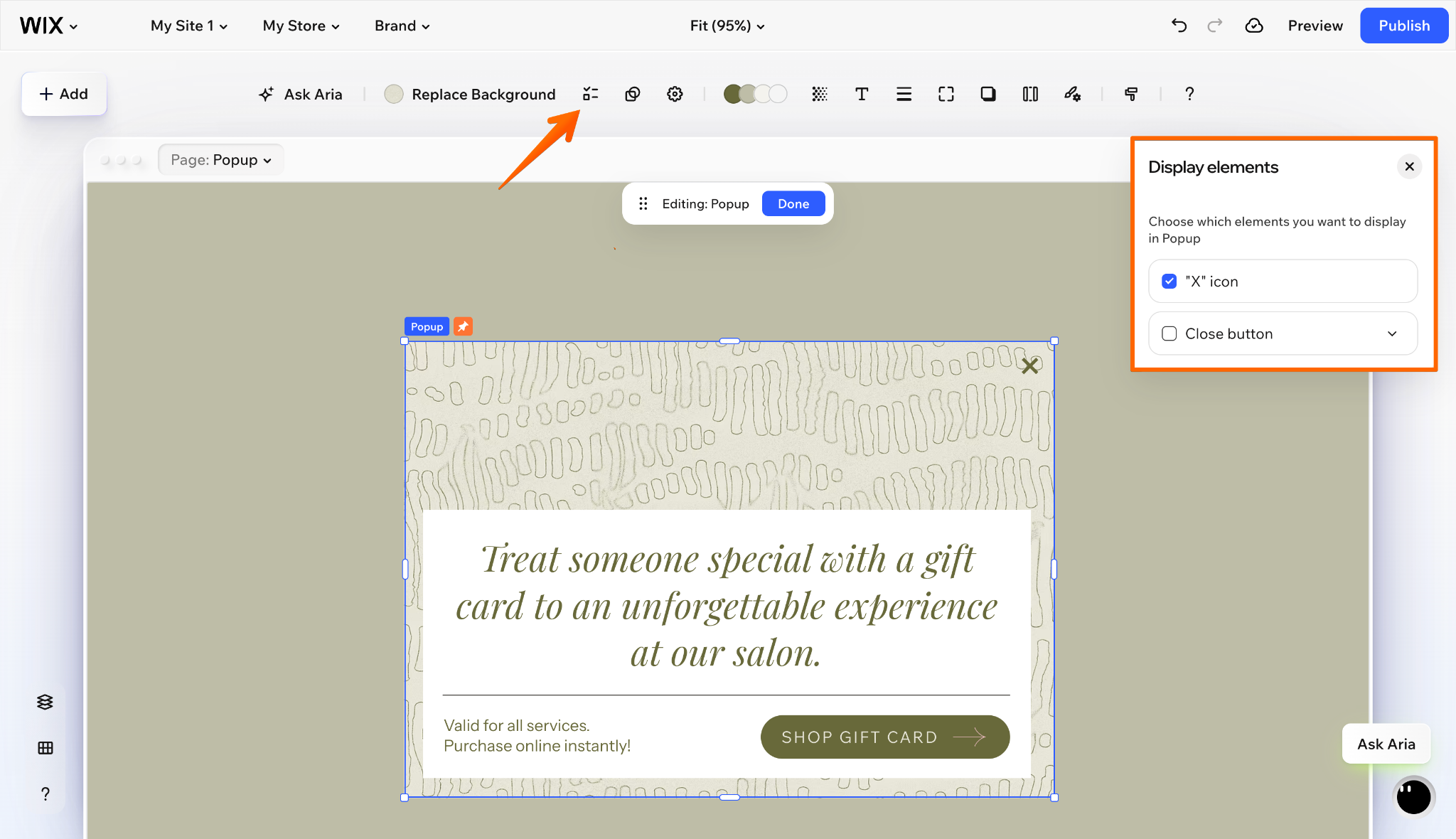 Wix popup editor displaying options for X icon and Close button