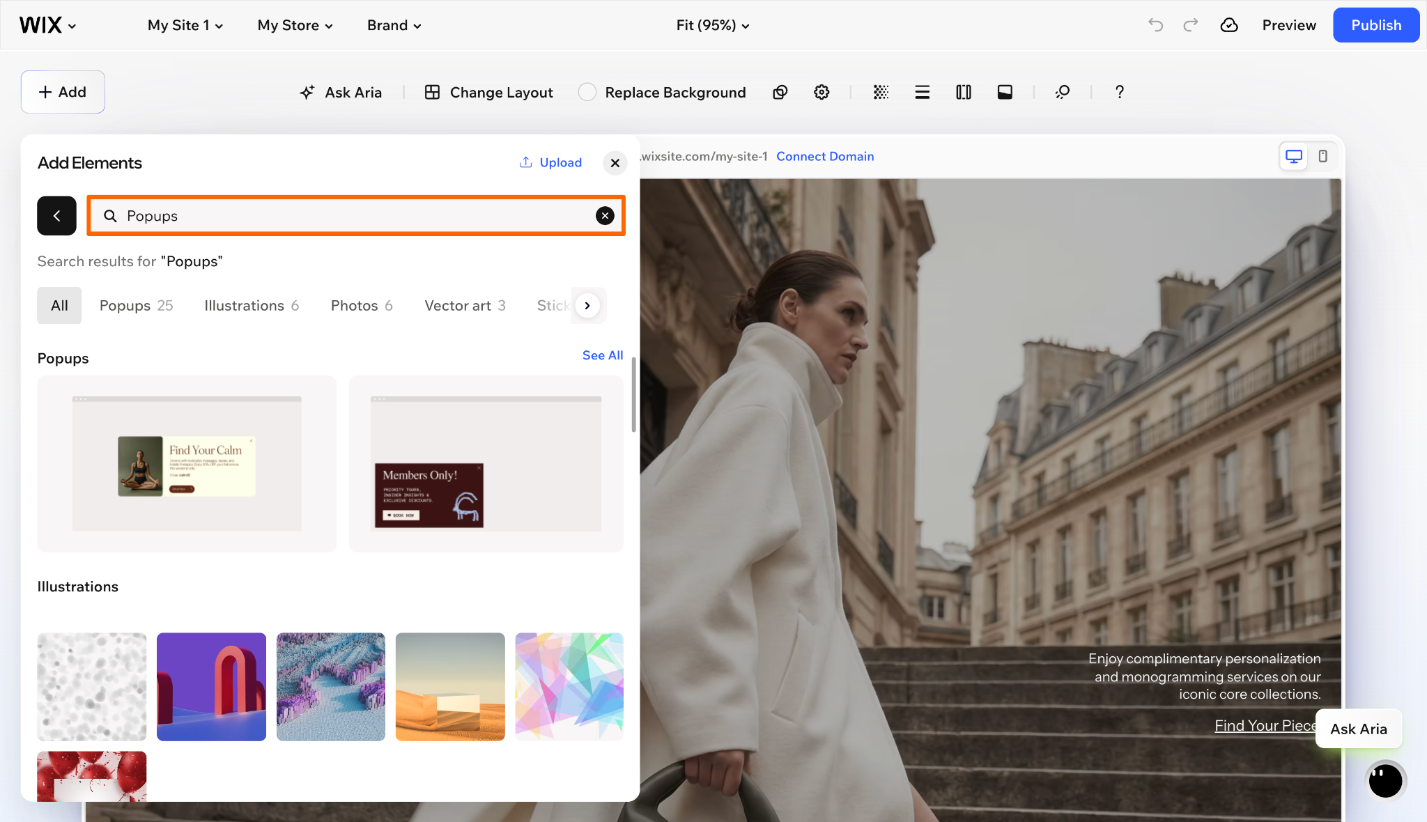 Wix Add Elements panel showing search results for popup templates