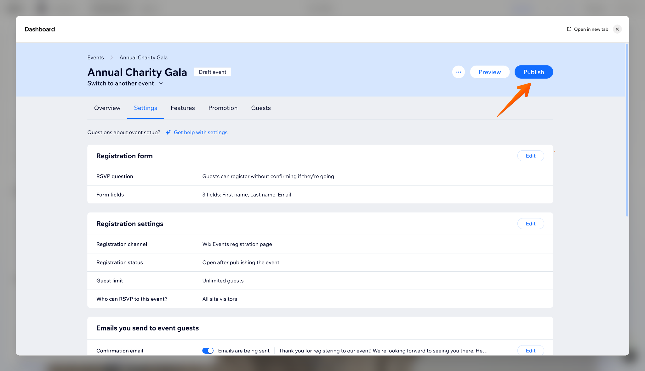 Wix Events dashboard displaying the Publish button for an RSVP event
