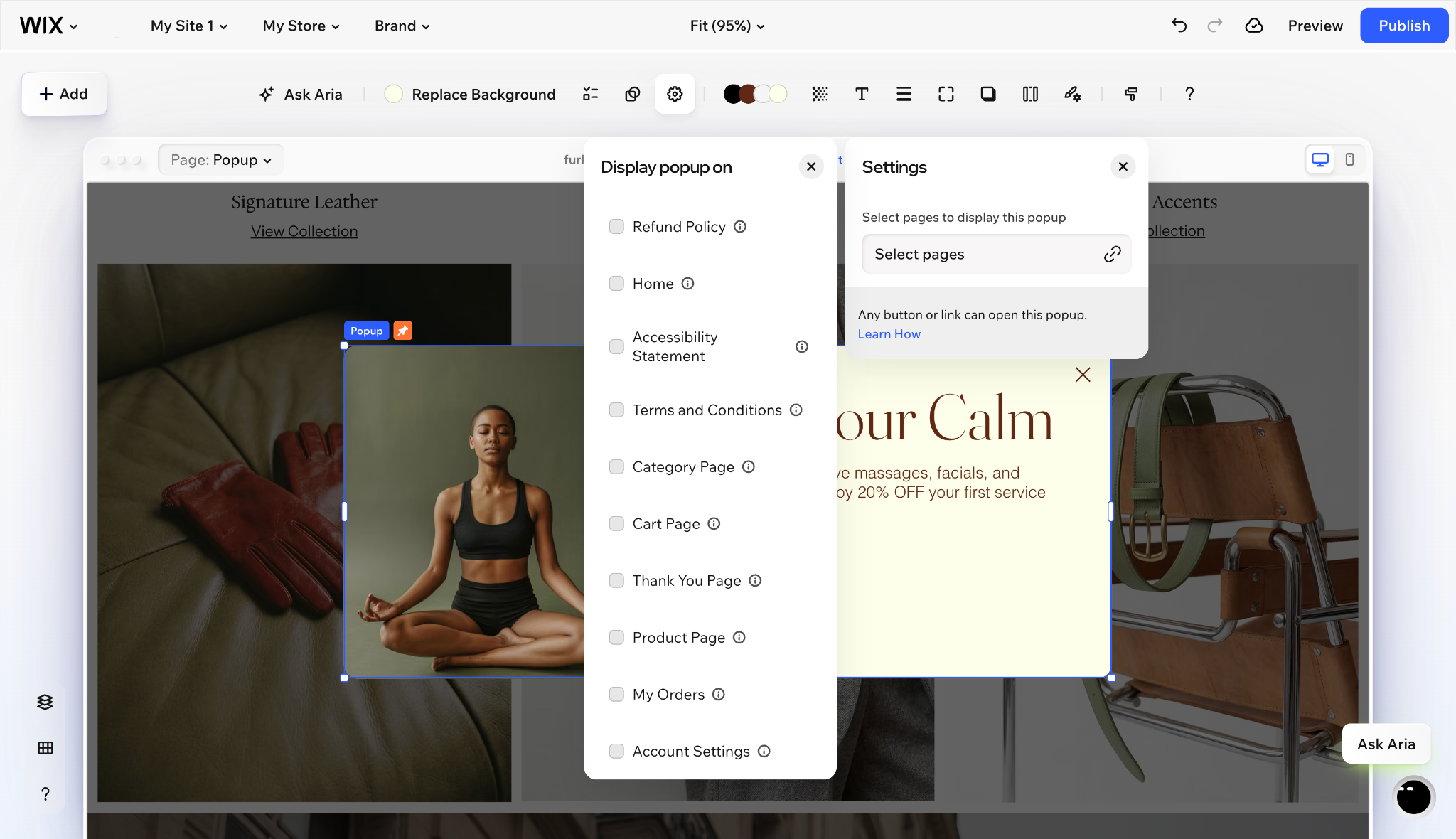 Wix popup settings showing page checkboxes for controlling automatic popup display