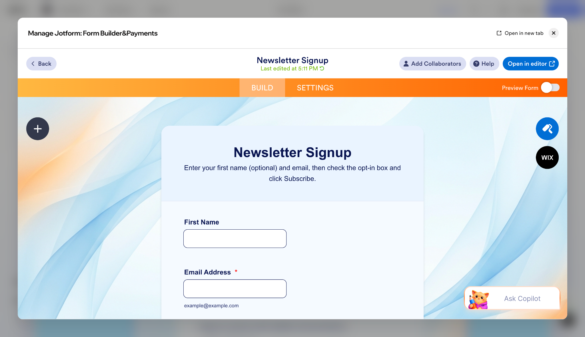 Jotform Form Builder displaying newsletter signup fields and customization tools