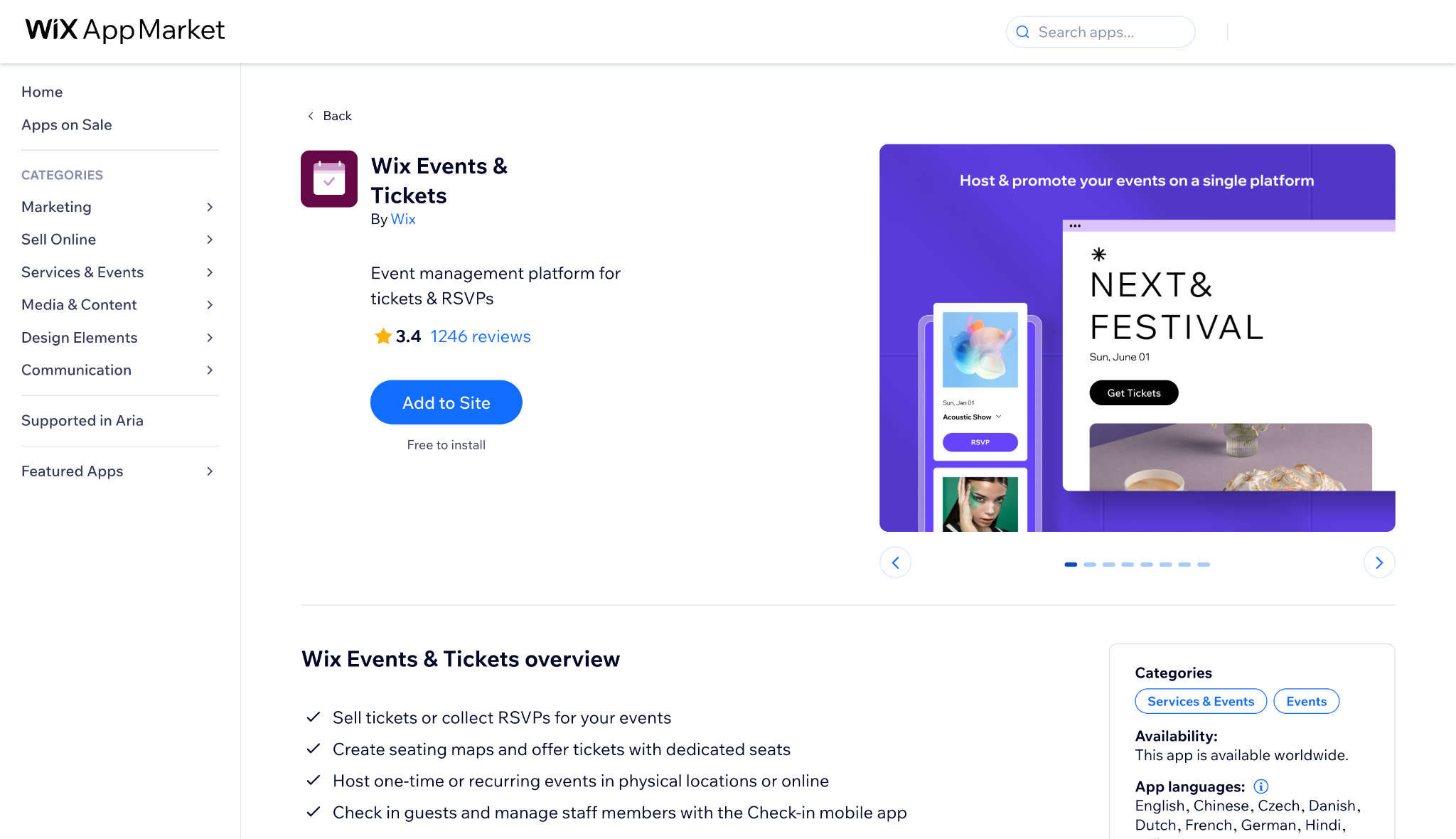 Wix App Market listing for Wix Events and Tickets with Add to Site button