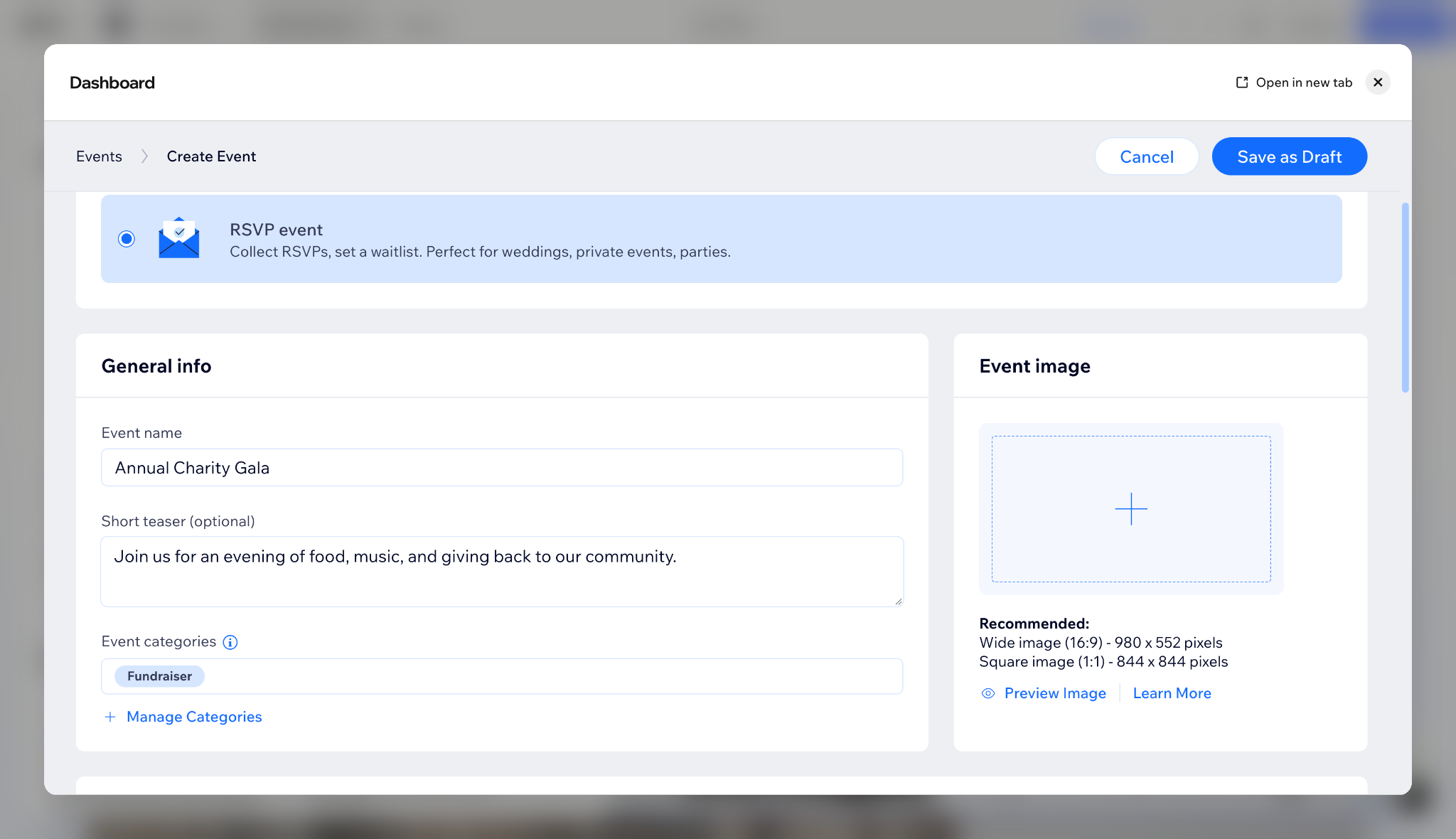 Wix RSVP event setup showing event name, description, categories, and image upload
