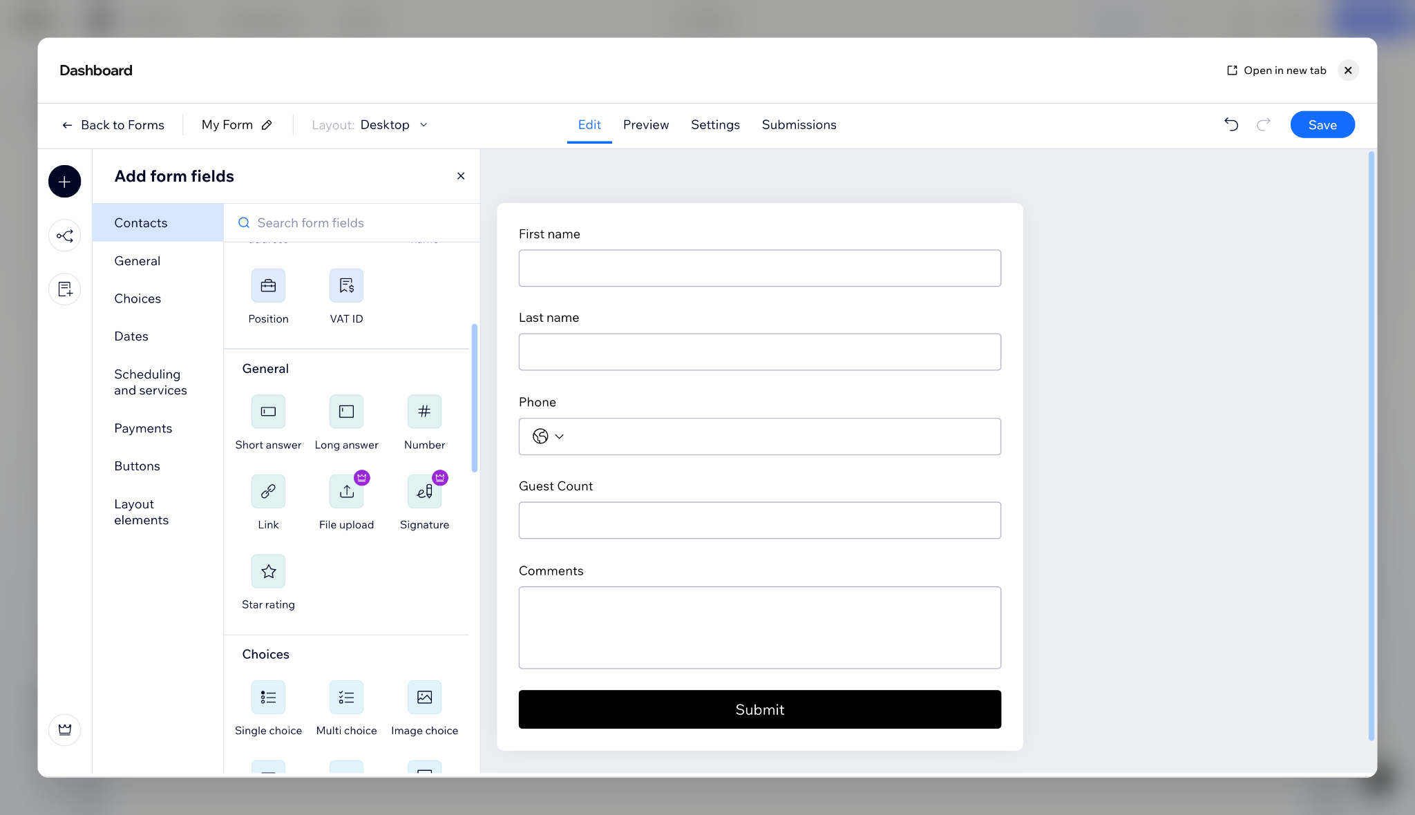 Wix form builder displaying RSVP fields and the Add form fields panel