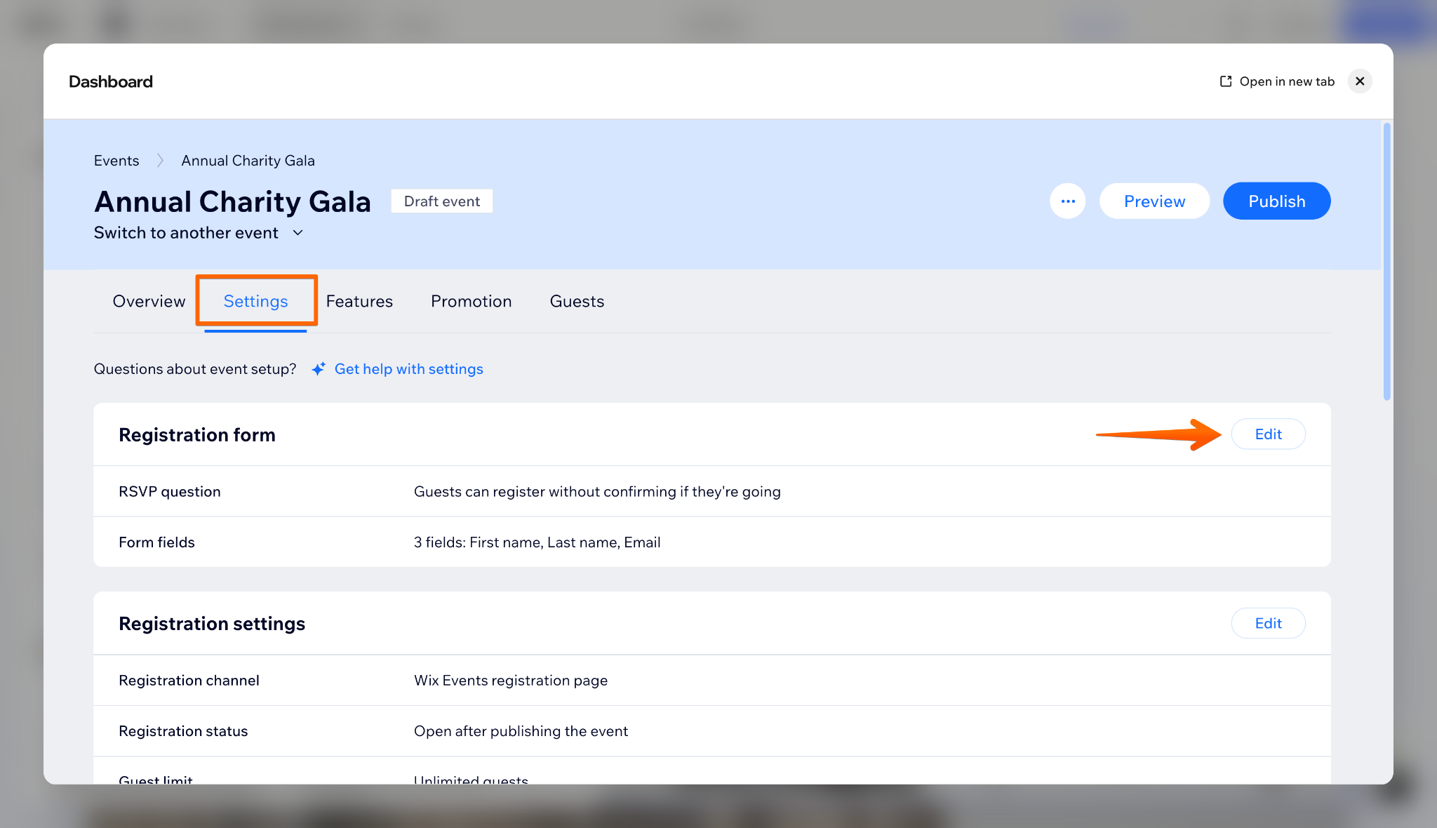 Wix Events Settings tab showing Edit button beside the registration form section