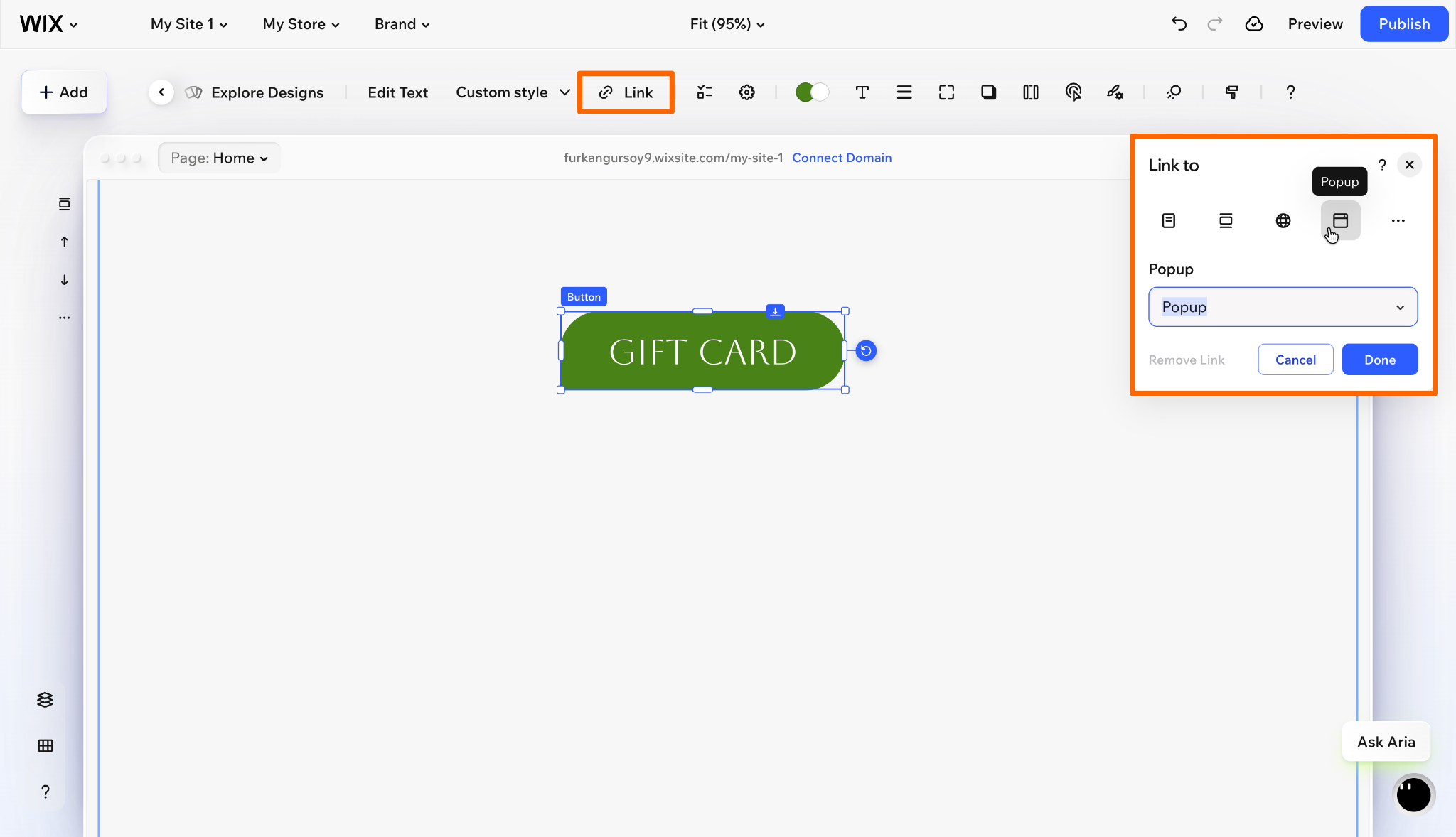 Wix button Link panel configured to open a selected popup