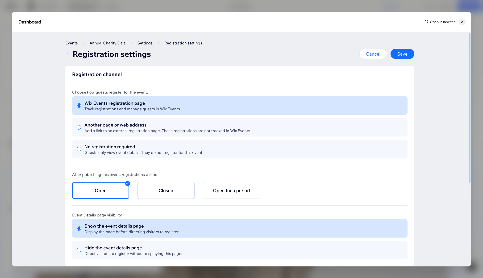 Wix Events registration settings showing registration channel, status, and event page visibility options