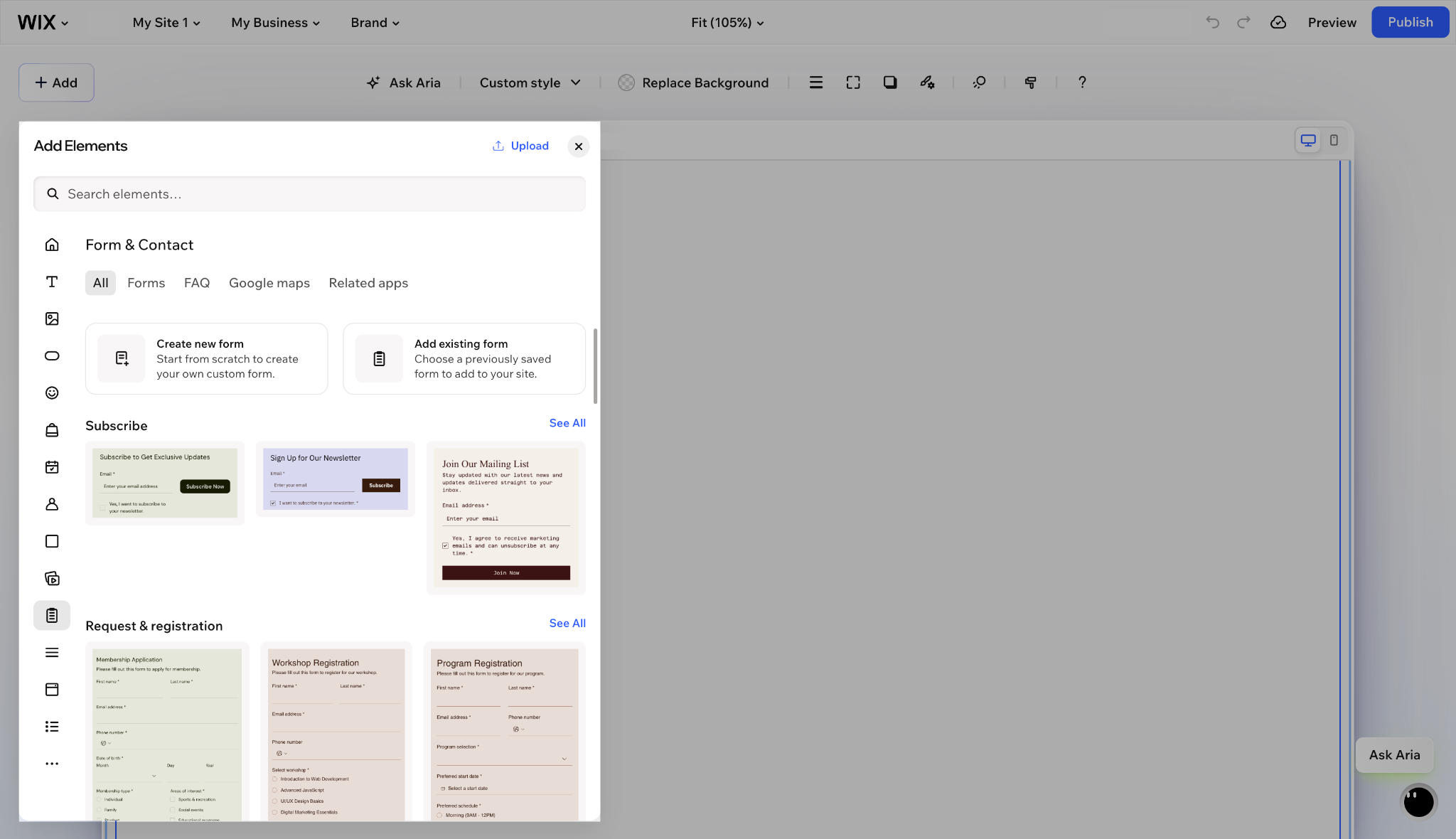 Wix Forms selection panel displaying options to create forms and choose registration templates