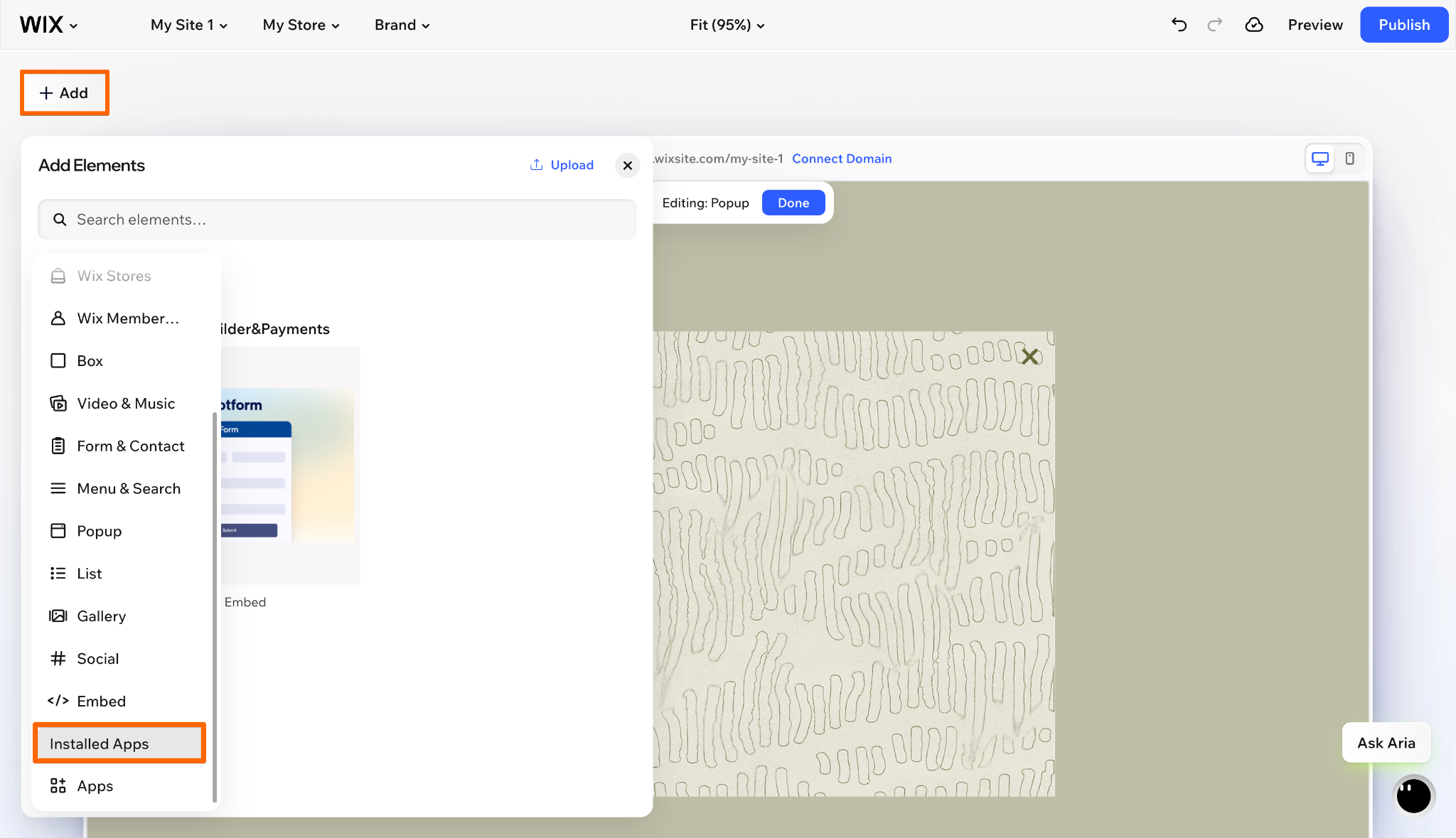 Wix Add Elements menu highlighting Installed Apps for adding Jotform